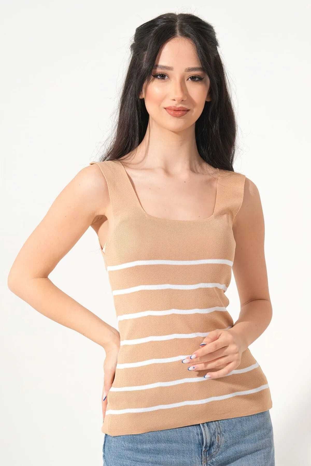 ASEZ BUTİK Asez Butik Kadın Kare Yaka Çizgili Yazlık Triko Bluz Atlet