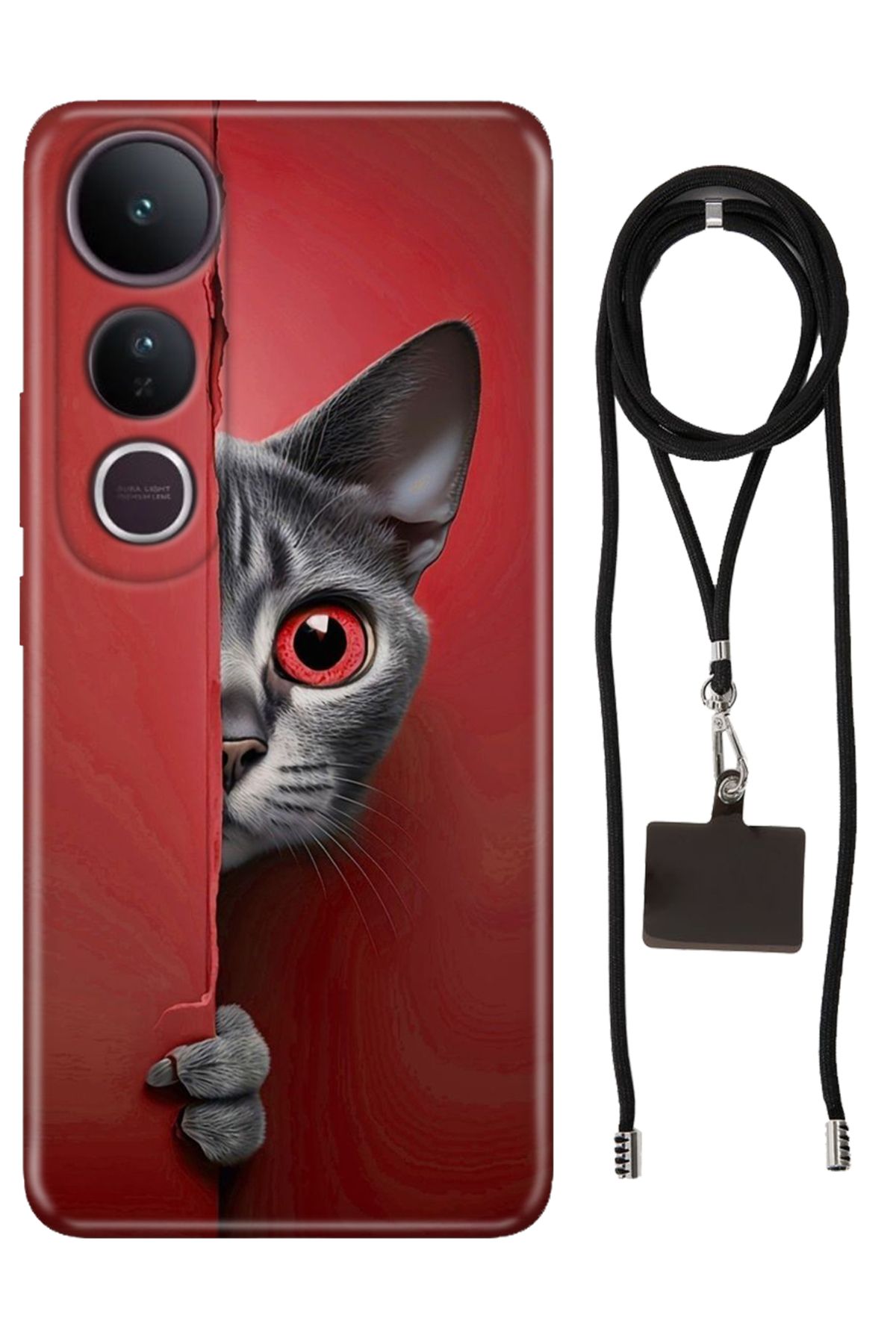 Cekuonline Vivo V50 Lite 5G Uyumlu Kılıf Silikon Red Cat İpli Boyun Askısı