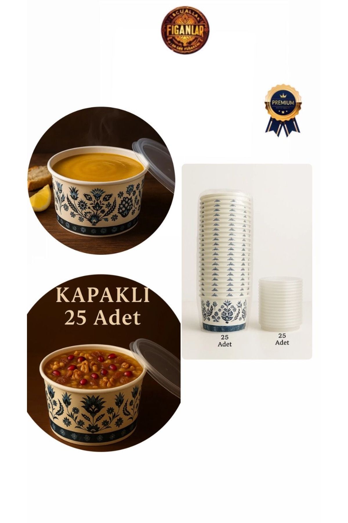 figanlar ambalaj 100 Adet 14 Öz Mavi Desen Şeffaf Kapaklı Karton Çorba Kasesi/Aşure Kasesi/Tatlı Kasesi