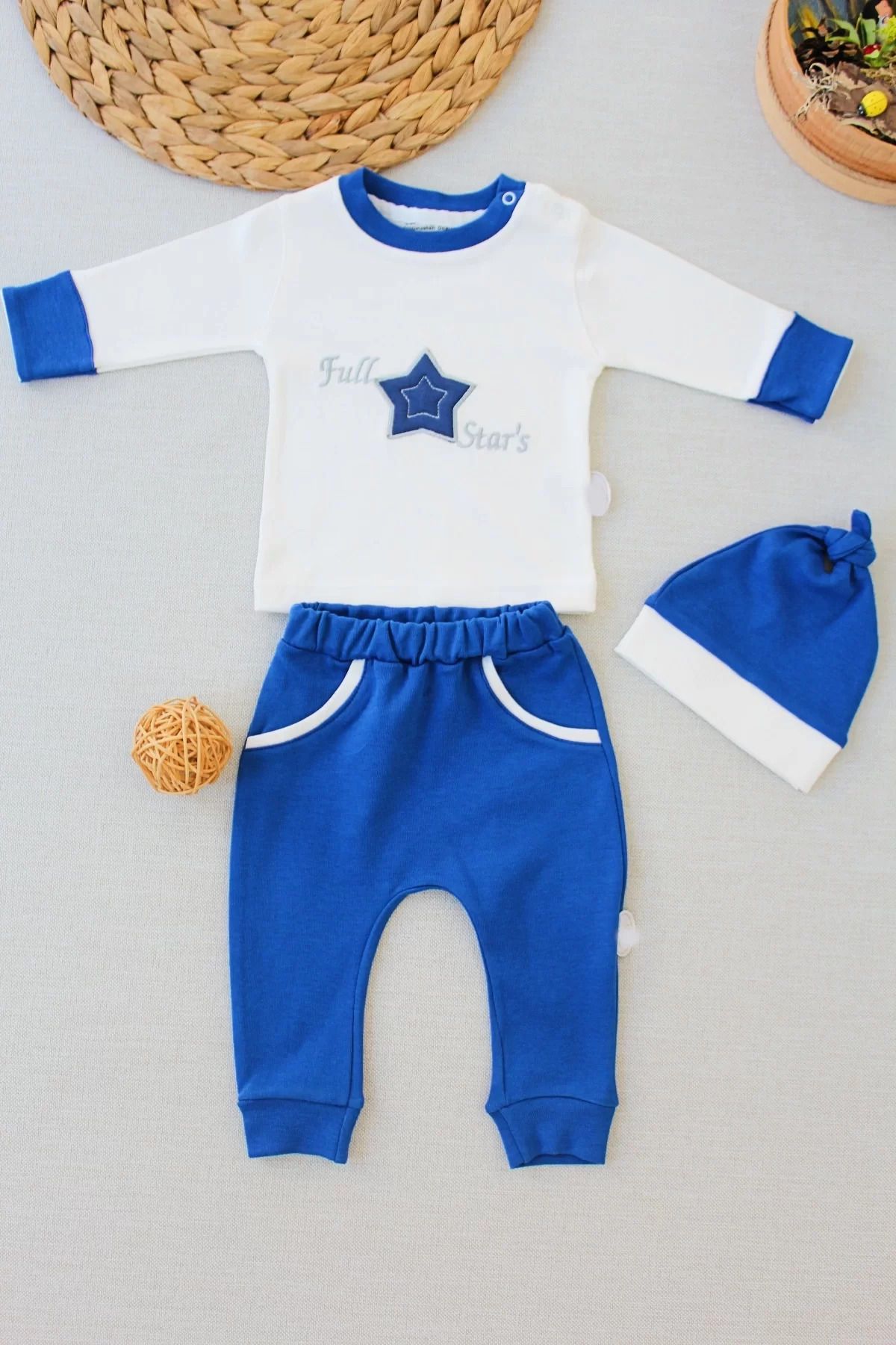 onlinebutik Full Star Nakışlı Şapkalı Uzun Kollu Sweat 3lü Erkek Bebek Takımı İndigo