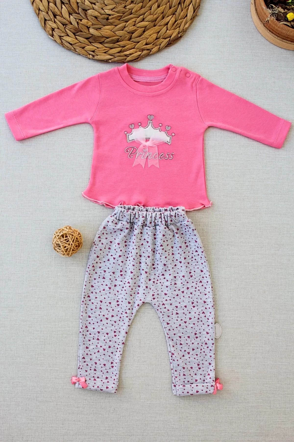 onlinebutik Full Star Nakışlı Şapkalı Uzun Kollu Sweat 3lü Erkek Bebek Takımı Fuşya