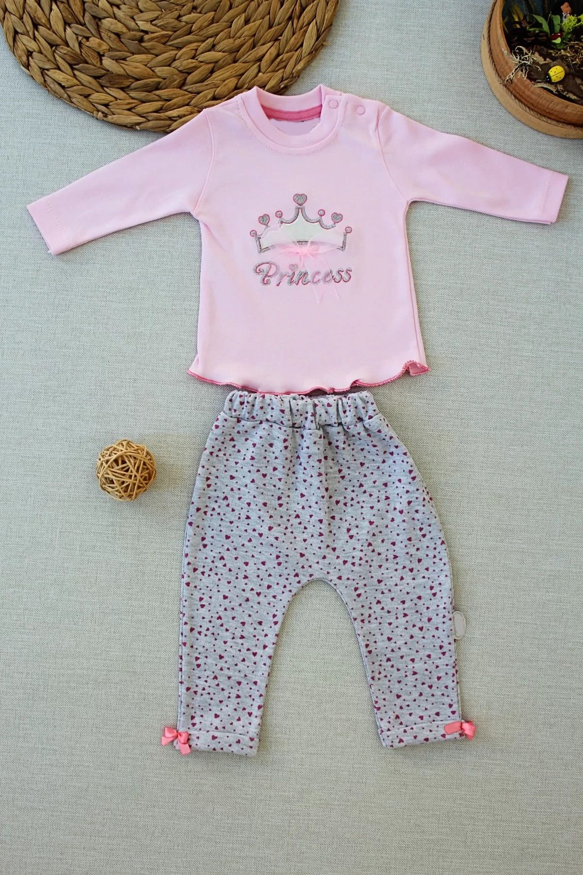 onlinebutik Full Star Nakışlı Şapkalı Uzun Kollu Sweat 3lü Erkek Bebek Takımı Pembe