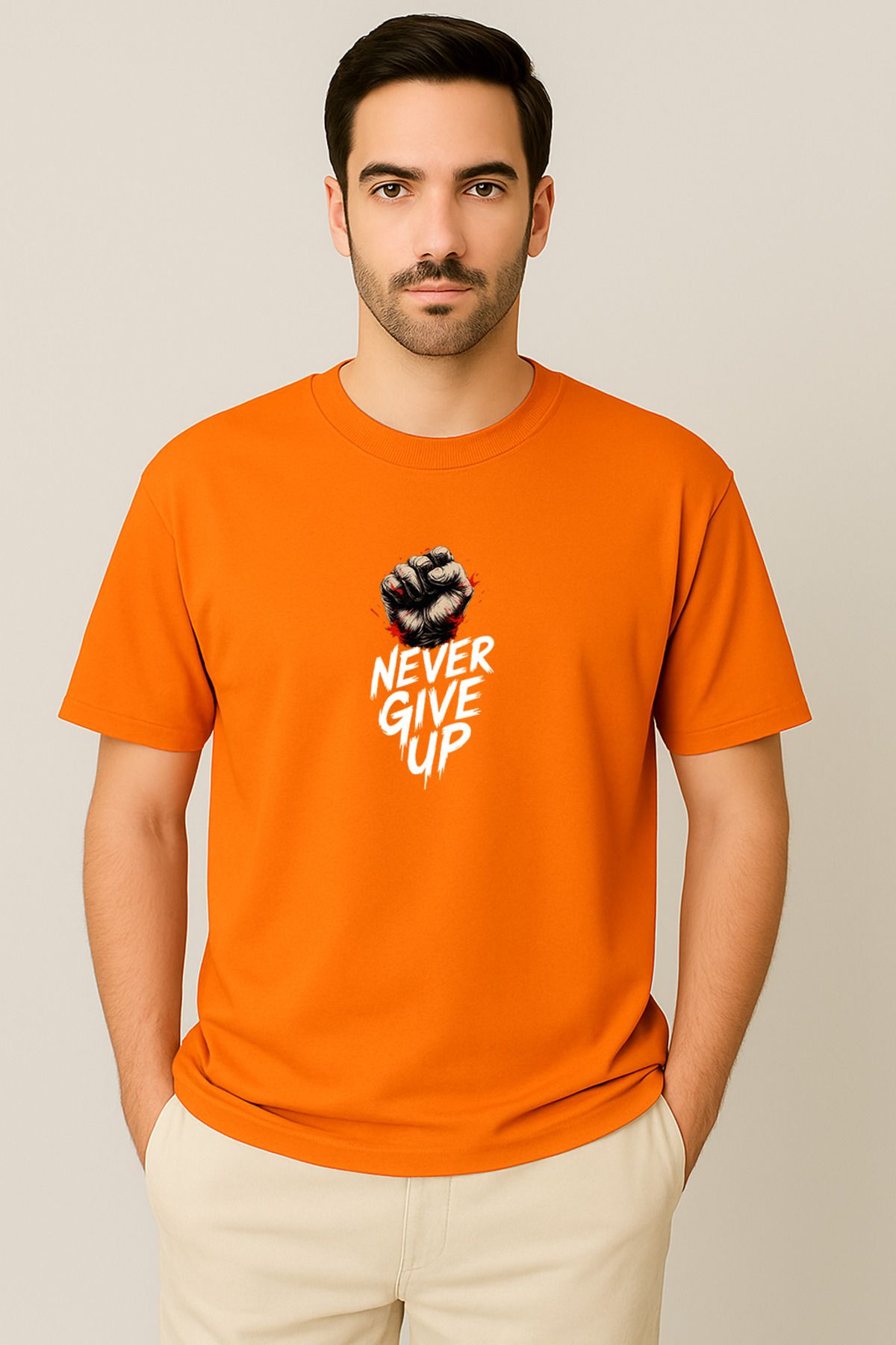 PARSHEY Erkek - Kadın Never Give Up Baskılı Unisex Yarım Kollu Bisiklet Yaka %100 Pamuk Oversize T-shirt