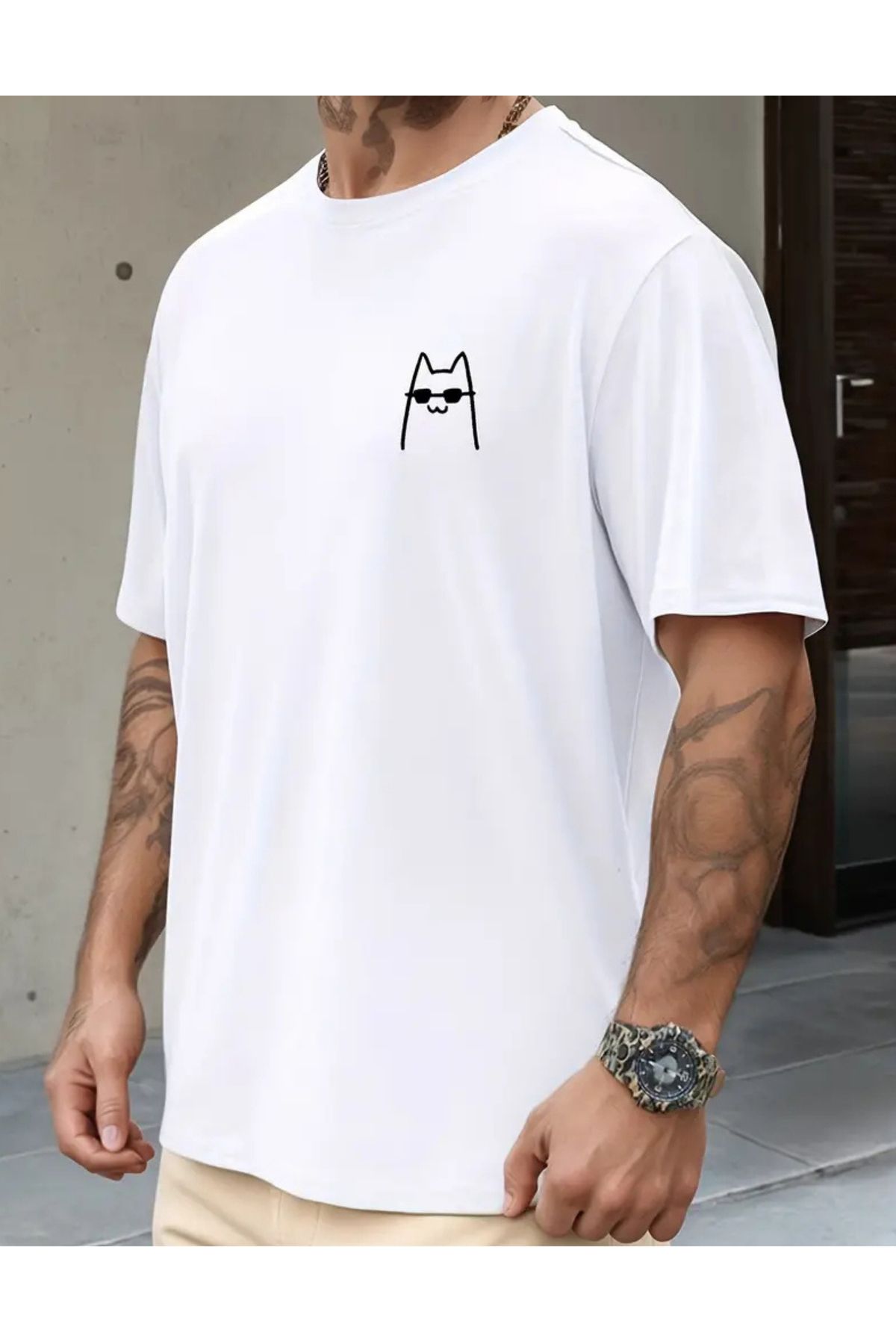 SAJA Unısex Kadın/Erkek Baskılı Oversize Düşük Kol Bisiklet Yaka T-Shirt