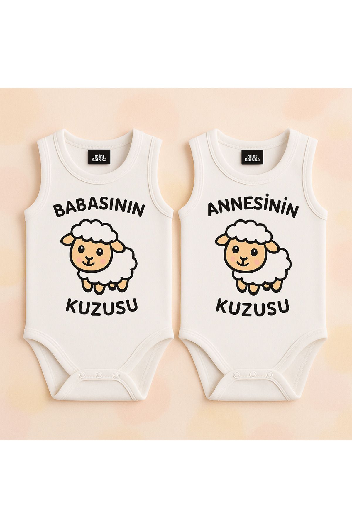 MİNİKANKA ''Annesinin Minik Kuzusu" Yazılı Kuzu Baskılı 2 Adet Unısex Bebek Badi Zıbın Seti 100%100 Pamuk