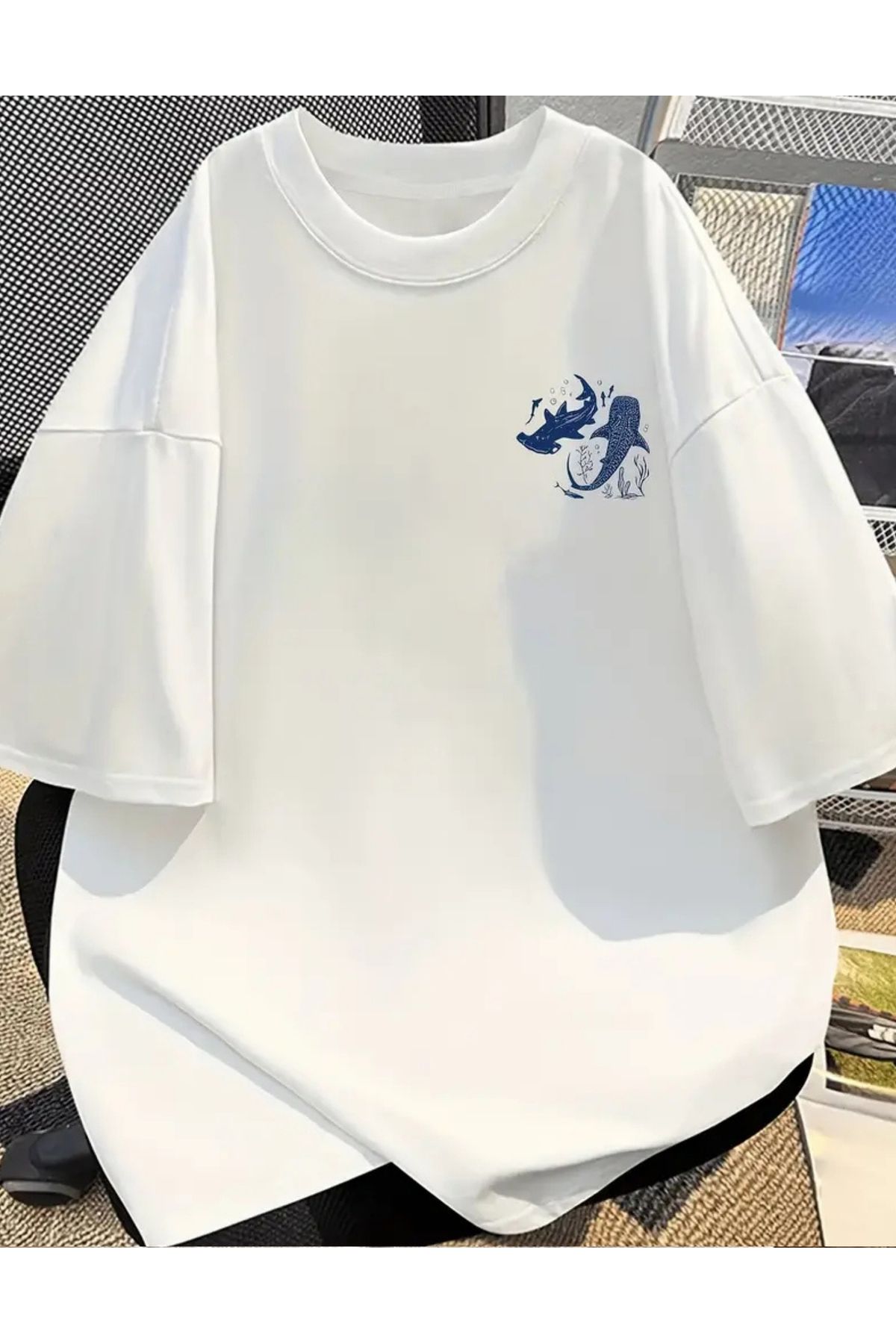 SAJA Unısex Kadın/Erkek Baskılı Oversize Düşük Kol Bisiklet Yaka T-Shirt