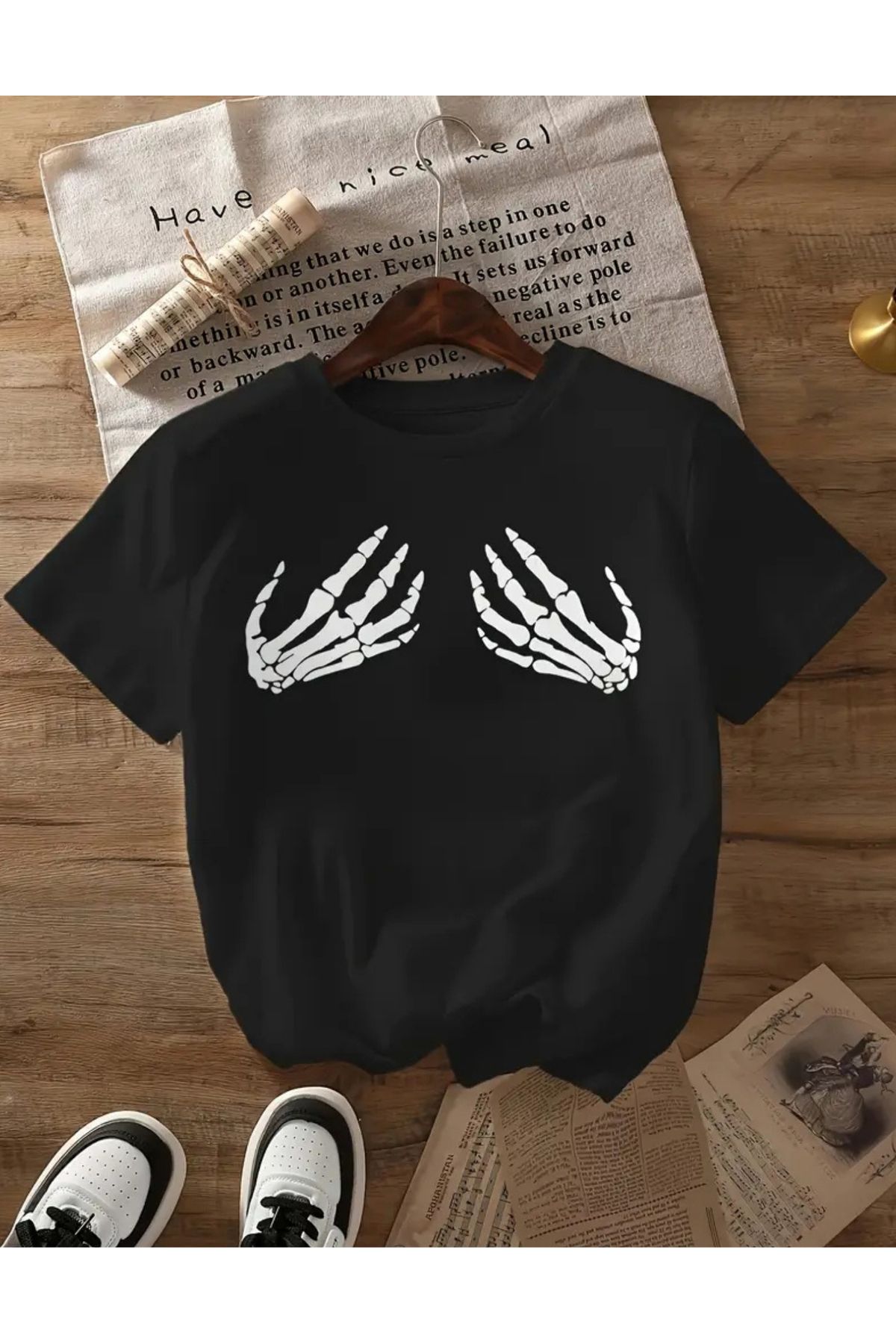 SAJA Unısex Kadın/Erkek Baskılı Oversize Düşük Kol Bisiklet Yaka T-Shirt