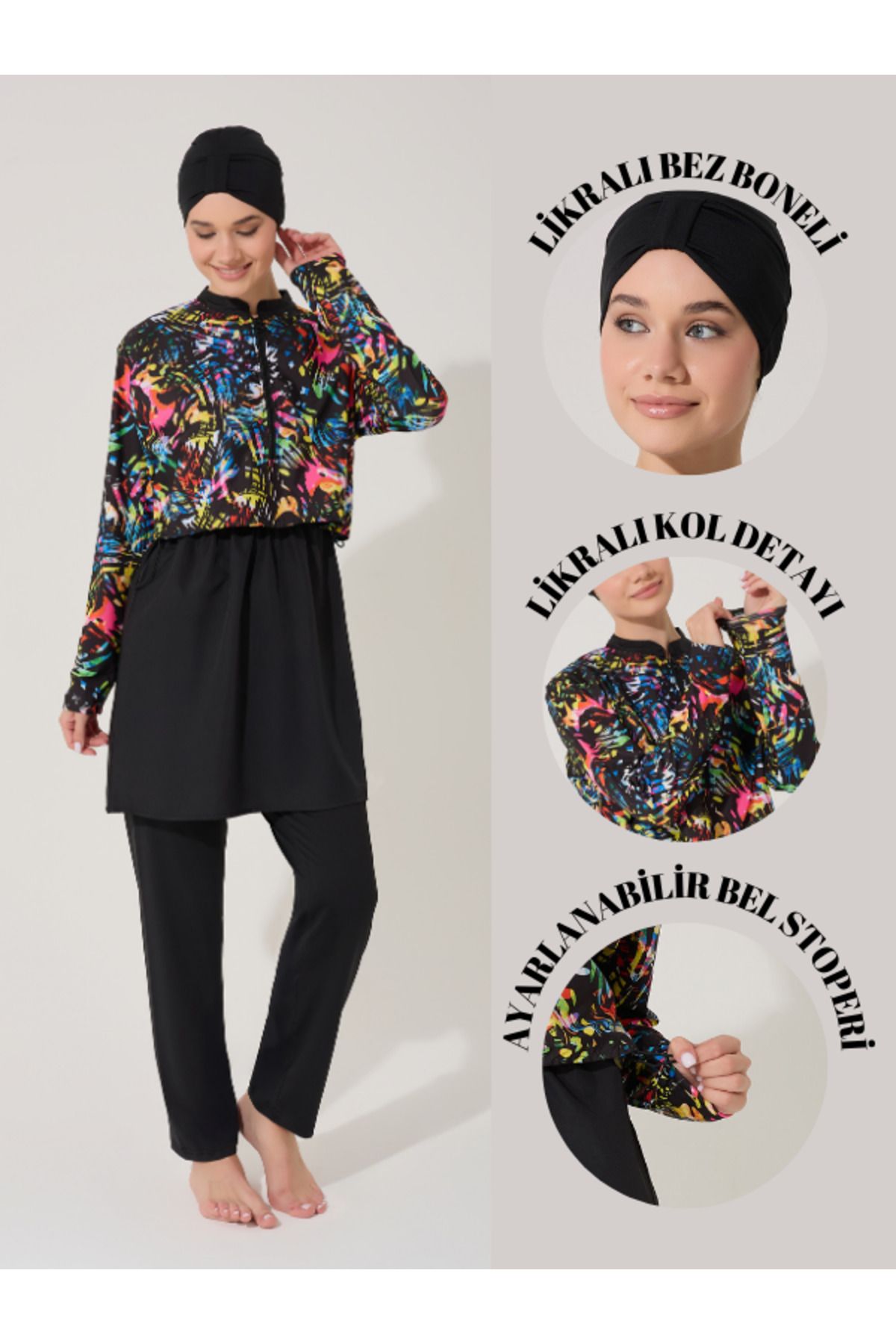 myfirstsea Kadın Jileli Crop Model 3 Parça (Bone, Tunik, Bone) Tesettür Mayo