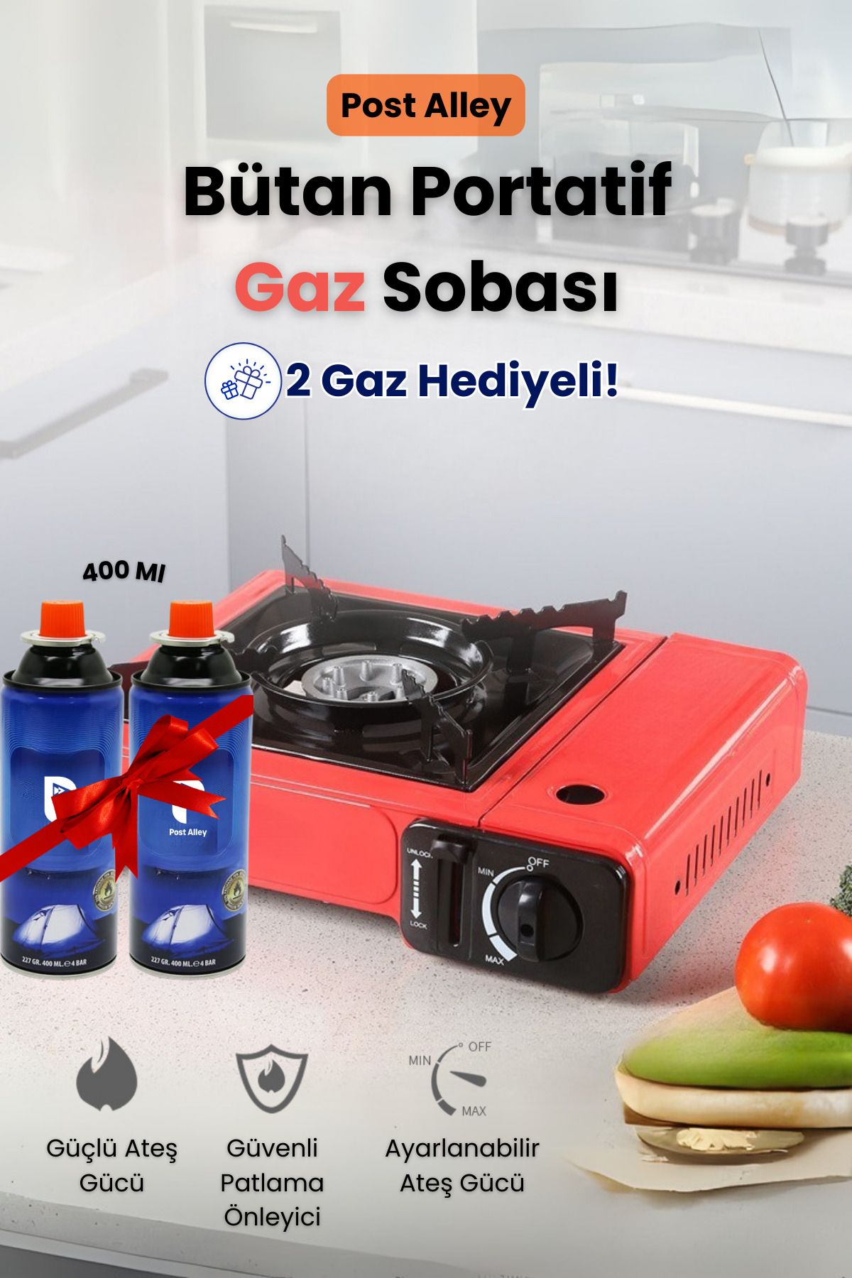 post alley Butan Portatif Gaz Sobası + Gaz (kırmızı)