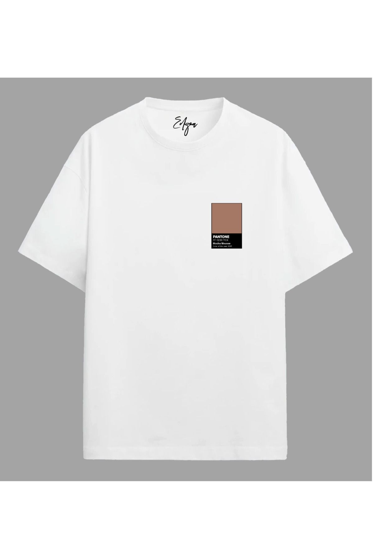 Edizen Pantone 2025 Mocha Mousse Yılın Rengi T-shirt Unisex Oversize %100 Pamuk Beyaz