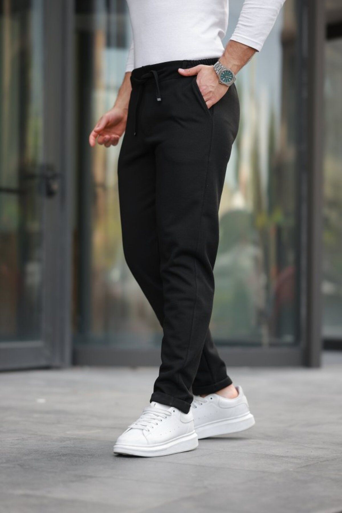 ceylinmoda Erkek Beli Bağcıklı Duble Paça örme Pamuklu Kumaş Jogger Pantolon