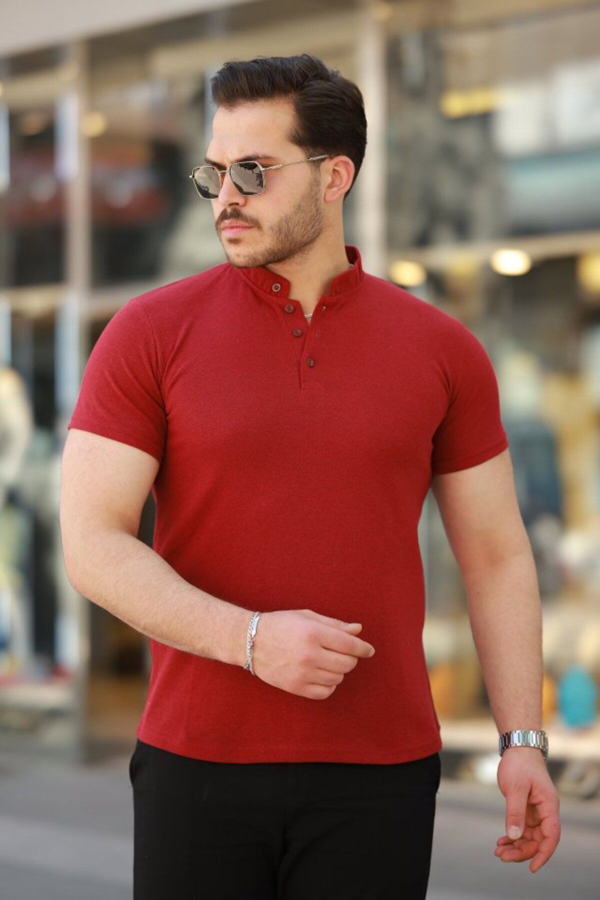 fh fashionhere Erkek Hakim Yaka Dokuma Pamuklu Kumaş Kısa Kollu T-shirt