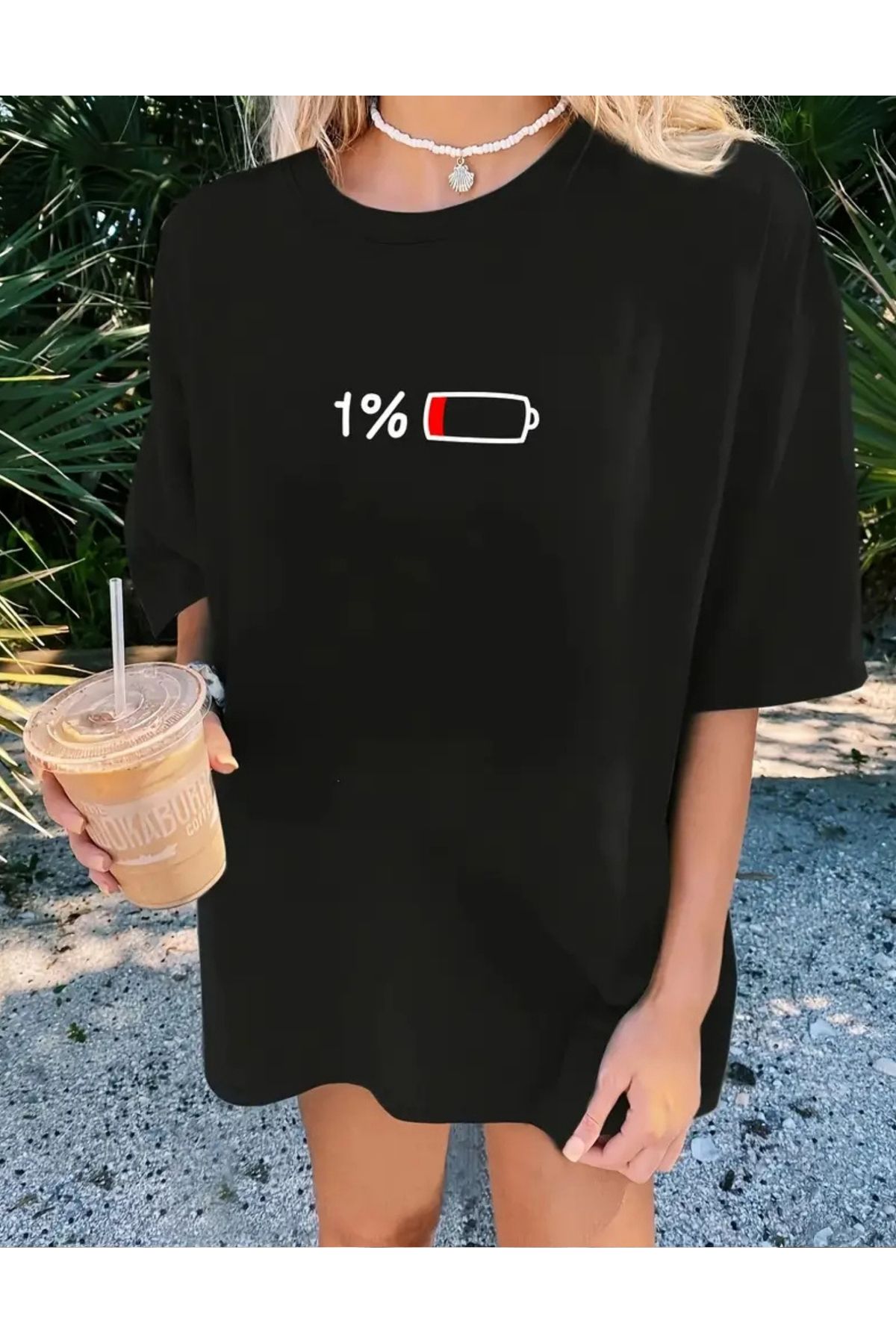 SAJA Unısex Kadın/Erkek Baskılı Oversize Düşük Kol Bisiklet Yaka T-Shirt