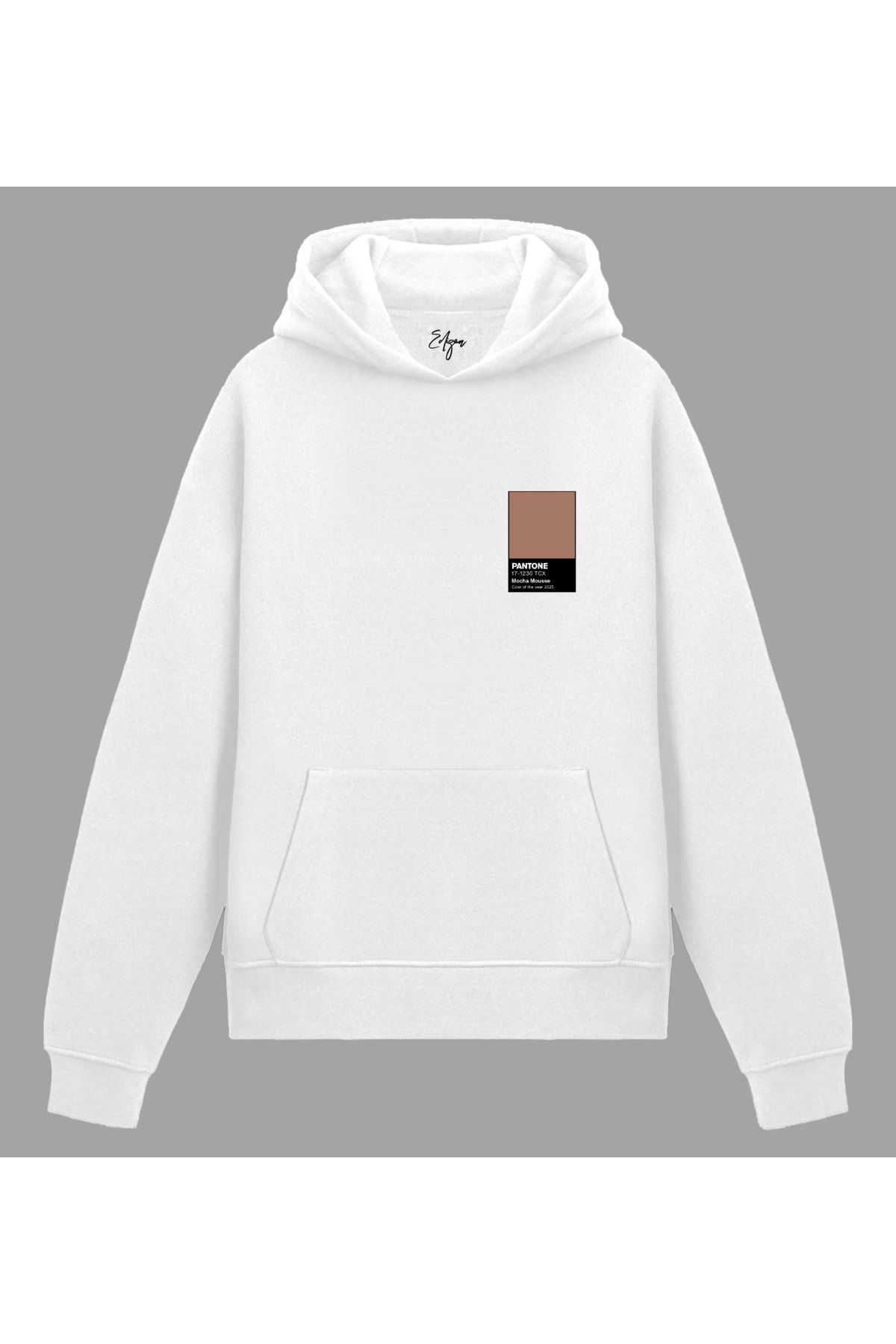 Edizen Pantone 2025 Mocha Mousse Yılın Rengi Hoodie Unisex Oversize %100 Pamuk Beyaz Kapüşonlu Sweatshirt