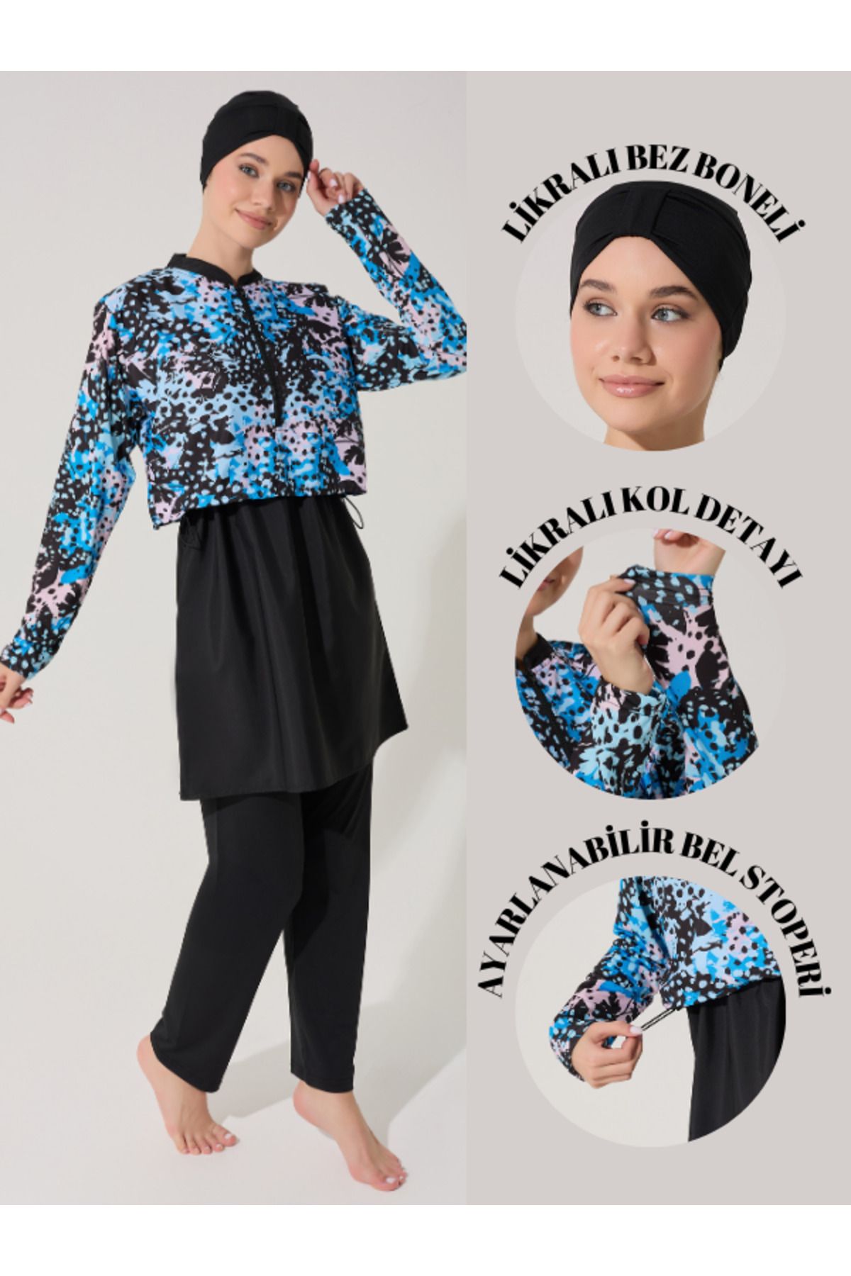 myfirstsea Kadın Jileli Crop Model 3 Parça (Bone, Tunik, Bone) Tesettür Mayo