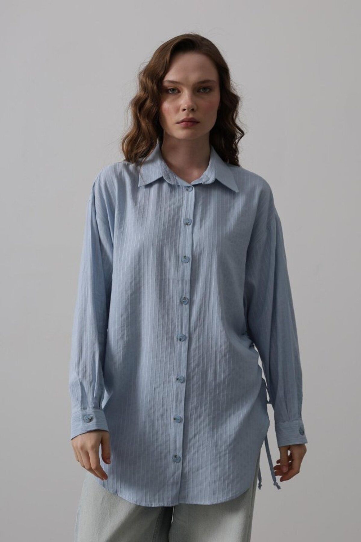 fh fashionhere Yan Büzmeli Tunik Gömlek - Bebe Mavisi