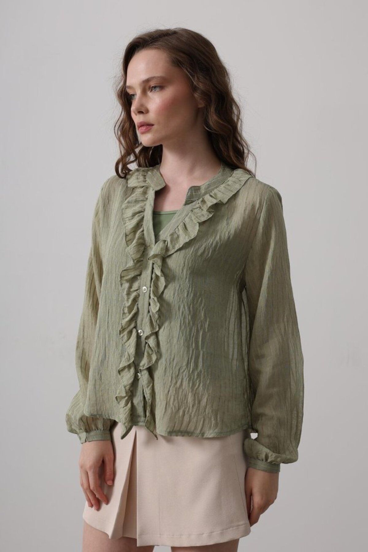 fh fashionhere Fırfır Transparan Gömlek - Haki