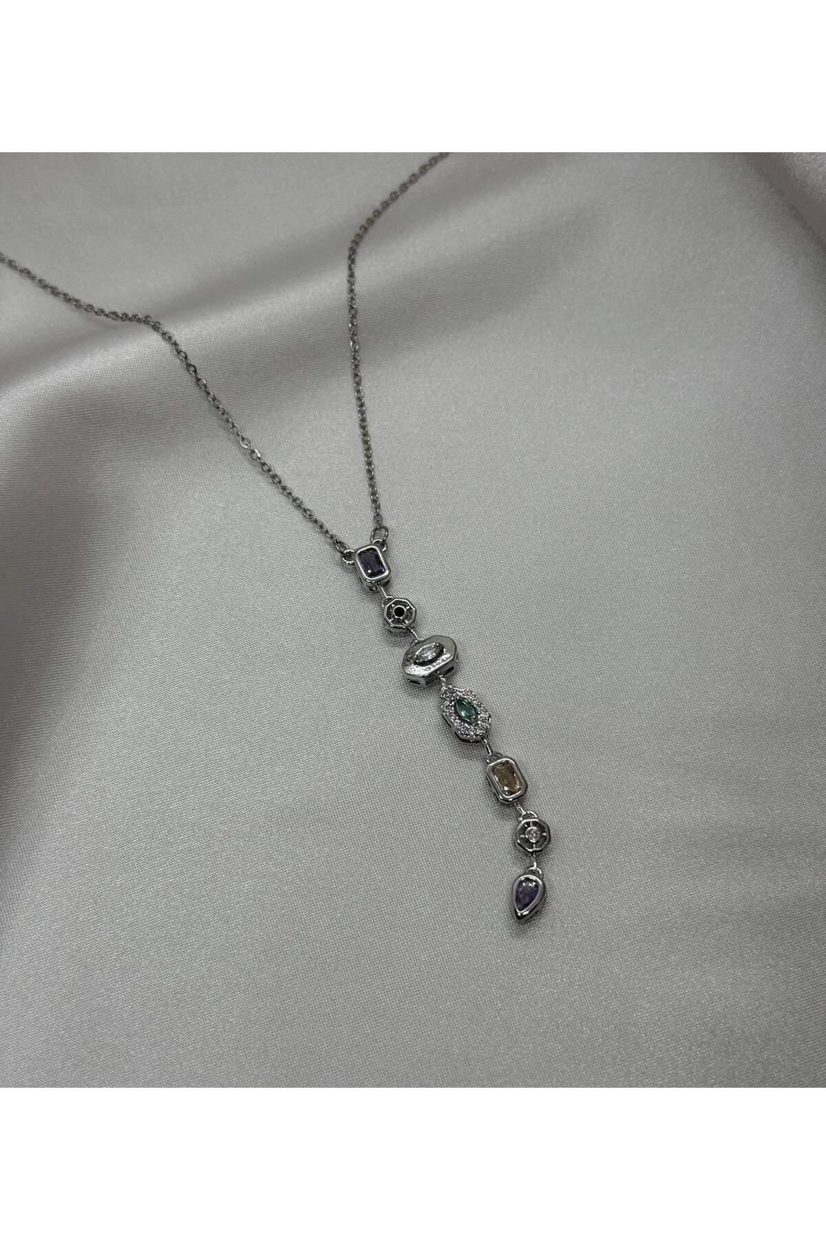 Doa Jewellery Renkli Taşlı Y Tasarım Paslanmaz Çelik Kolye