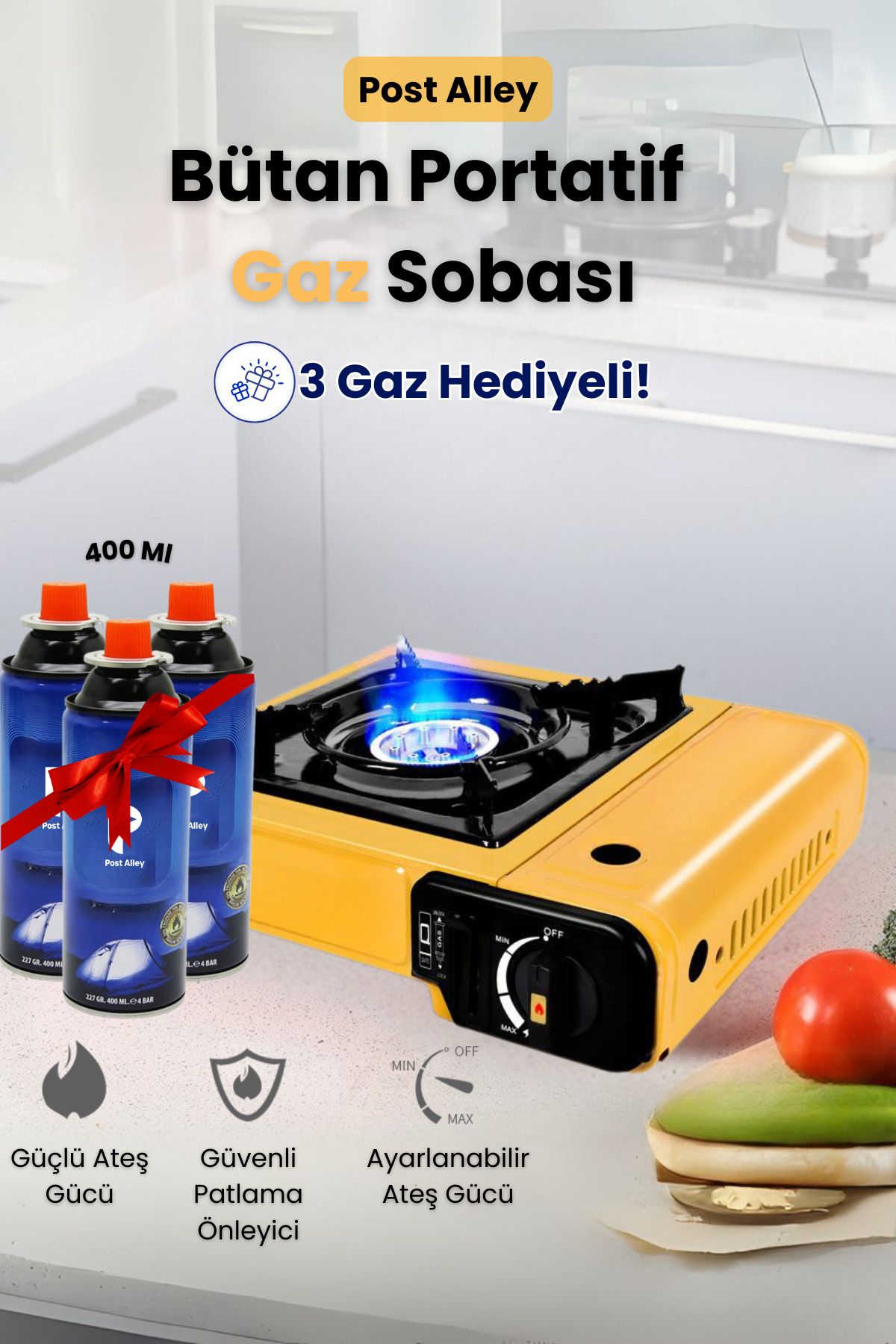 post alley Portatif Gaz Sobası + 3 Adet Gaz