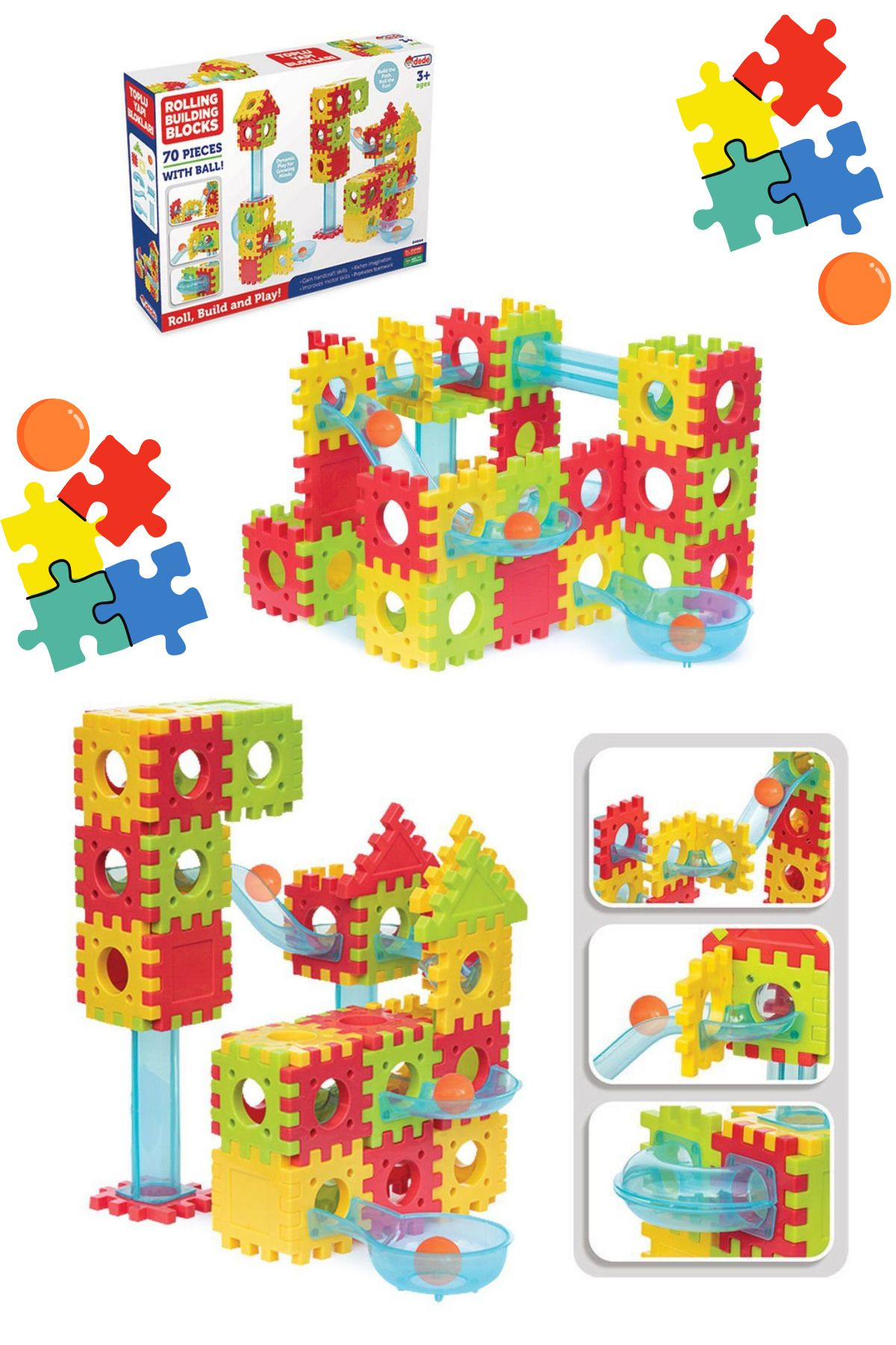 Merva Toplu Yapı ve Tasarım Blokları 70 Parça Eğitici Öğretici Puzzle Yuvarla, İnşa et ve oyna!