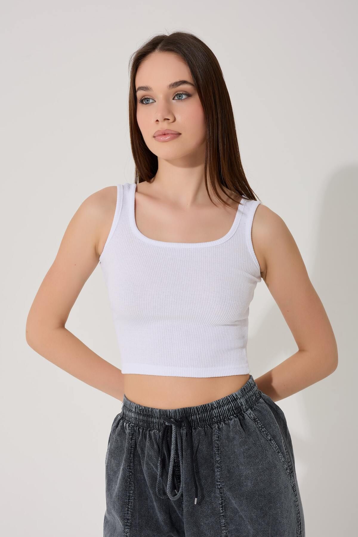 myfirstsea Kadın Düz Renk Halter Yaka Crop Bluz