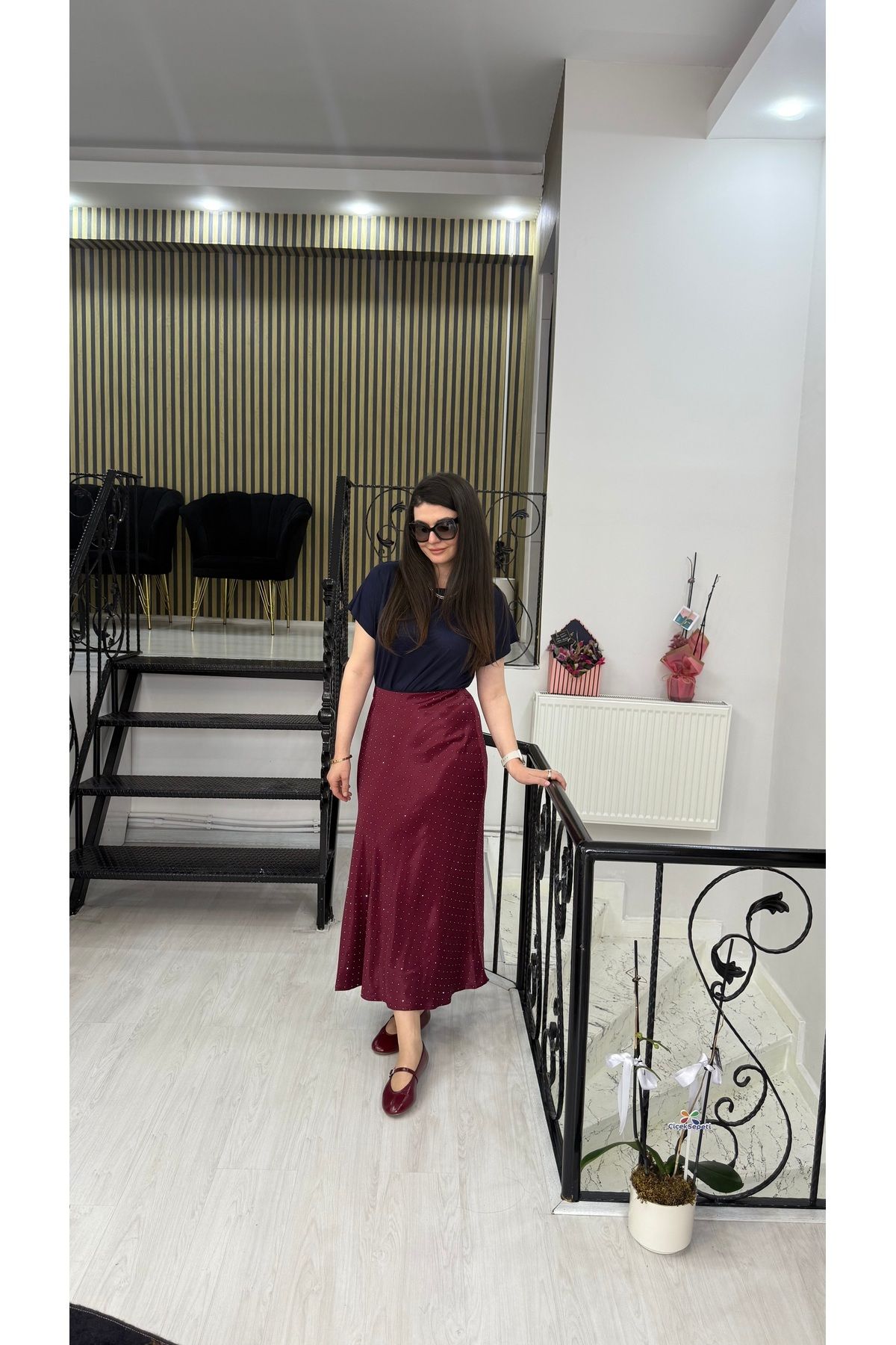 Butik Bordo taşlı saten beli lastikli uzun etek