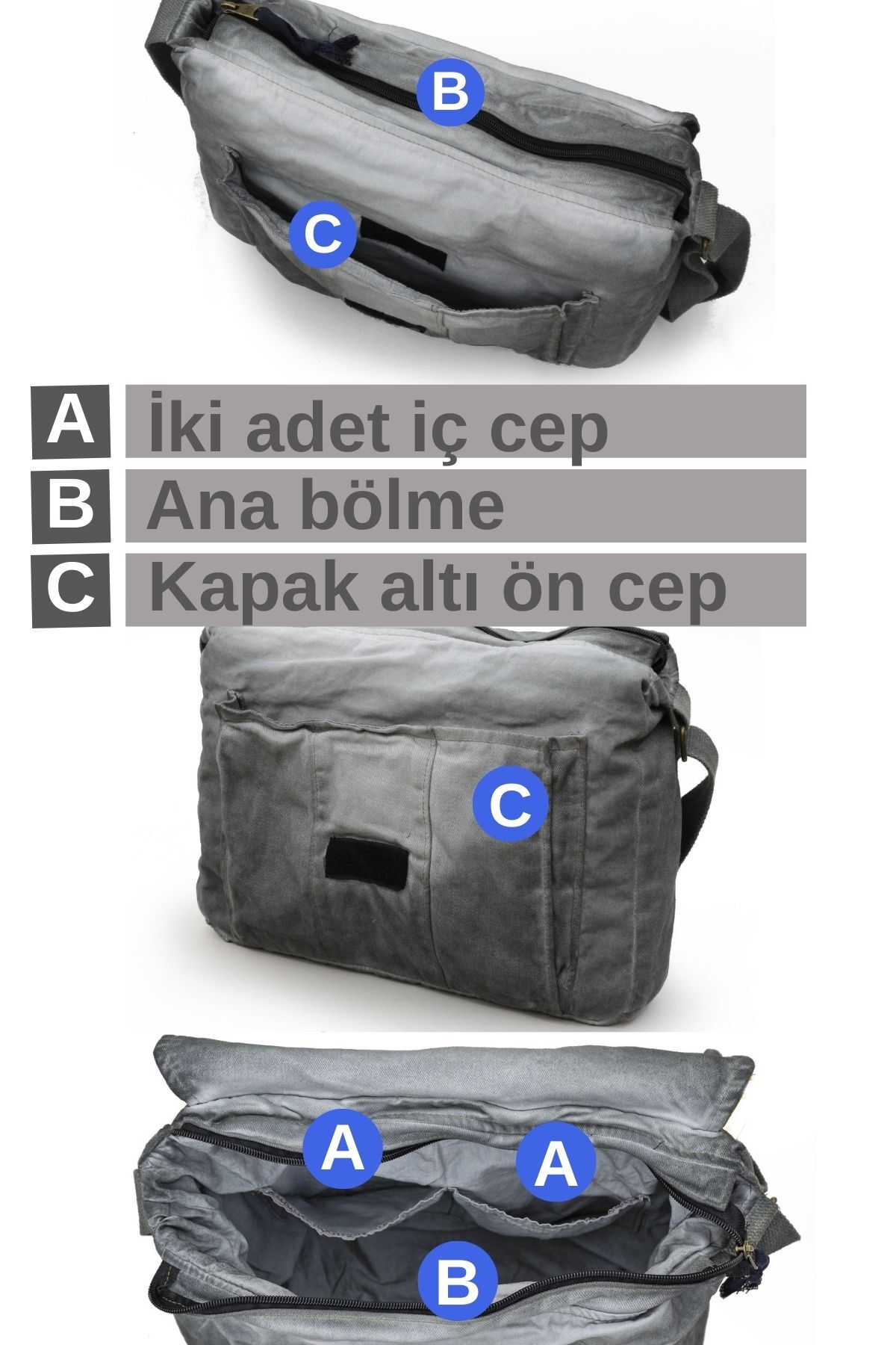 DARK COTTON 8128 Salaş Kanvas Omuz Postacı Gri 15.6" Laptop Okul Seyahat Günlük Vintage Pamuk Çanta görsel 3