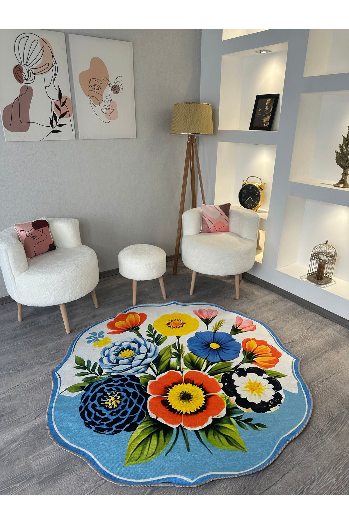 Rugs Modern Halı Leyla Koleksiyonu Renkli Çiçekler Asimetrik Detaylı Dokuma Taban Dekoratif Halı leyla56