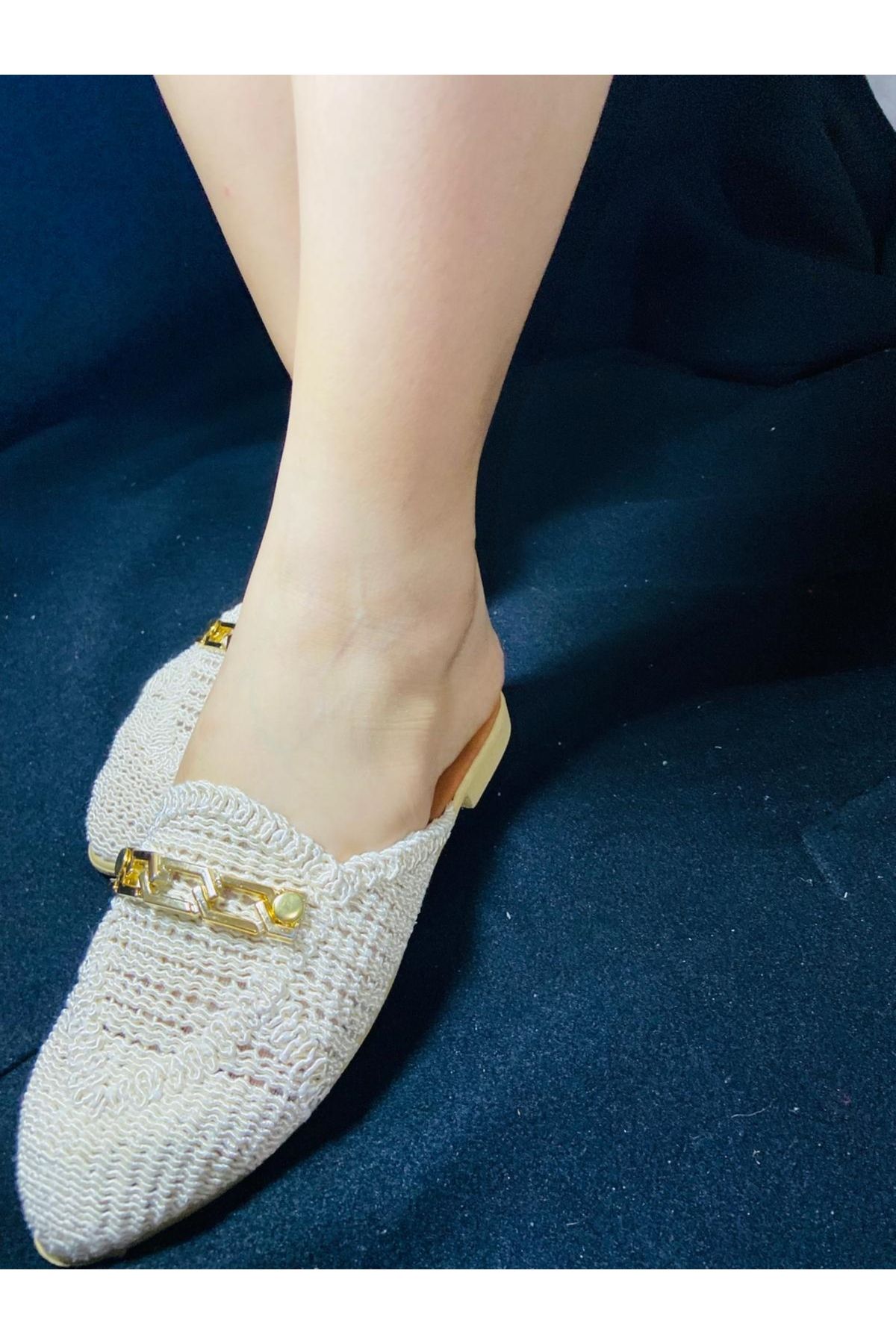 BİRDALİFE WEAR KADIN BEJ ZİNCİRLİ TERLİK ÖNÜ KAPALI HASIR DANTEL ÖRME GÜNLÜK SANDALET TERLİK