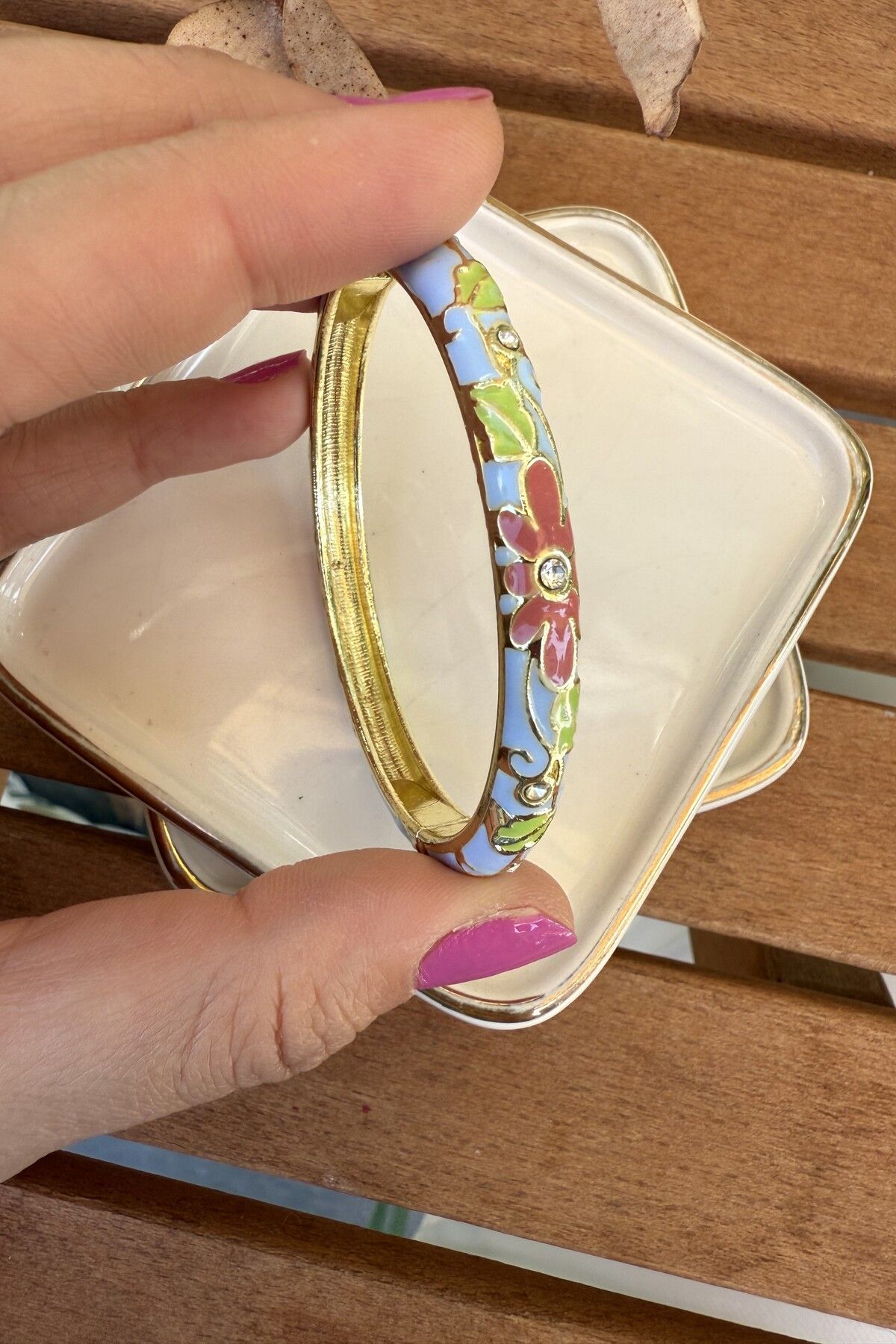 AURA ATELIER 14K Altın Kaplama İnce Mineli Açık Mavi Bilezik 5.7cm