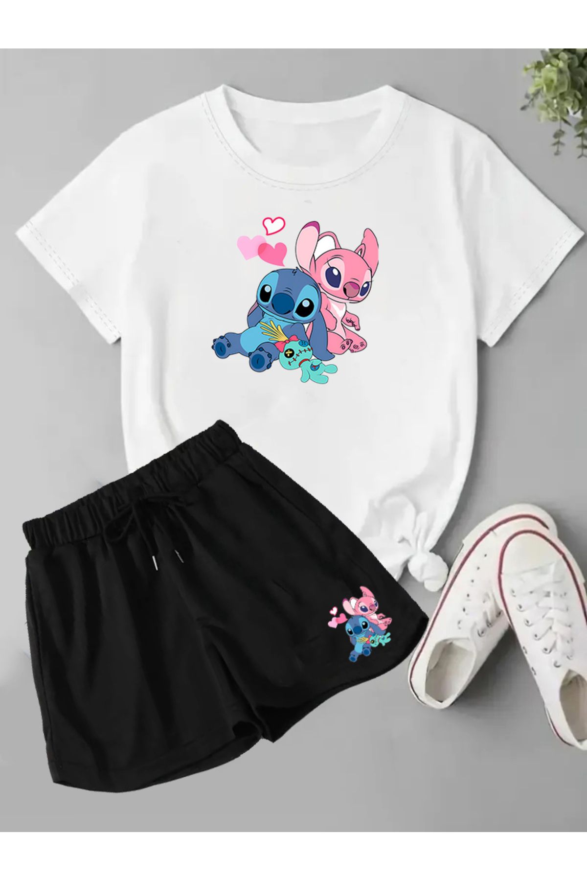makiteks 2'li Set Düz Renk Kadın Regular Şort ve Tshirt Tişört Lilo Stitch