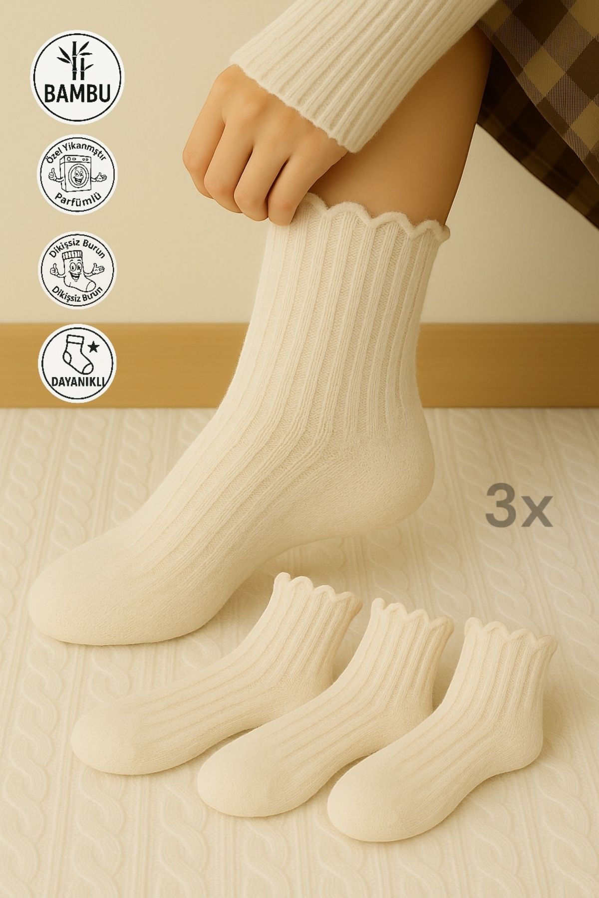 Bambu Kadın Fırfırlı Soket Bambu Dikişsiz Çorap Fitilli premium 3’lü Çorap