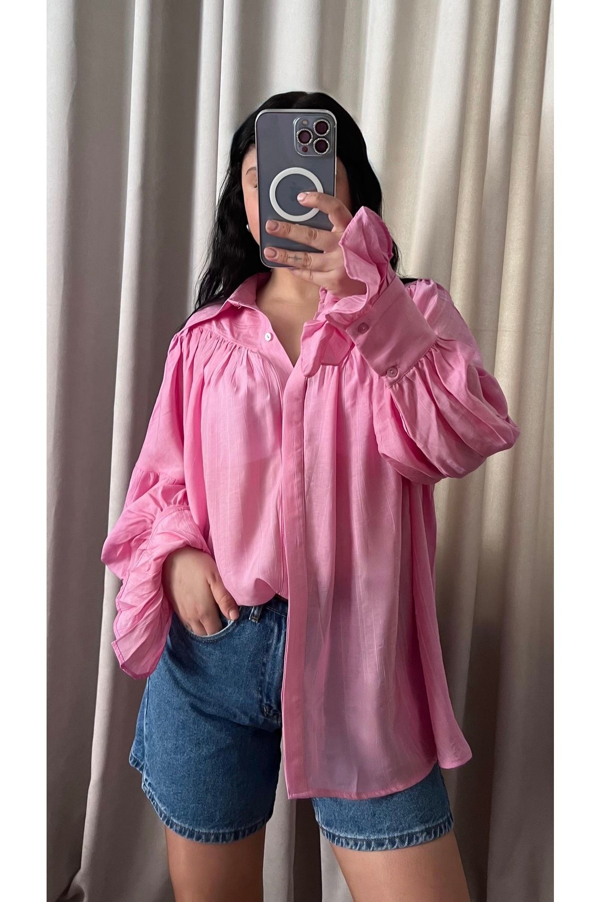 Butik PEMBE BÜZGÜLÜ TASARIM GÖMLEK