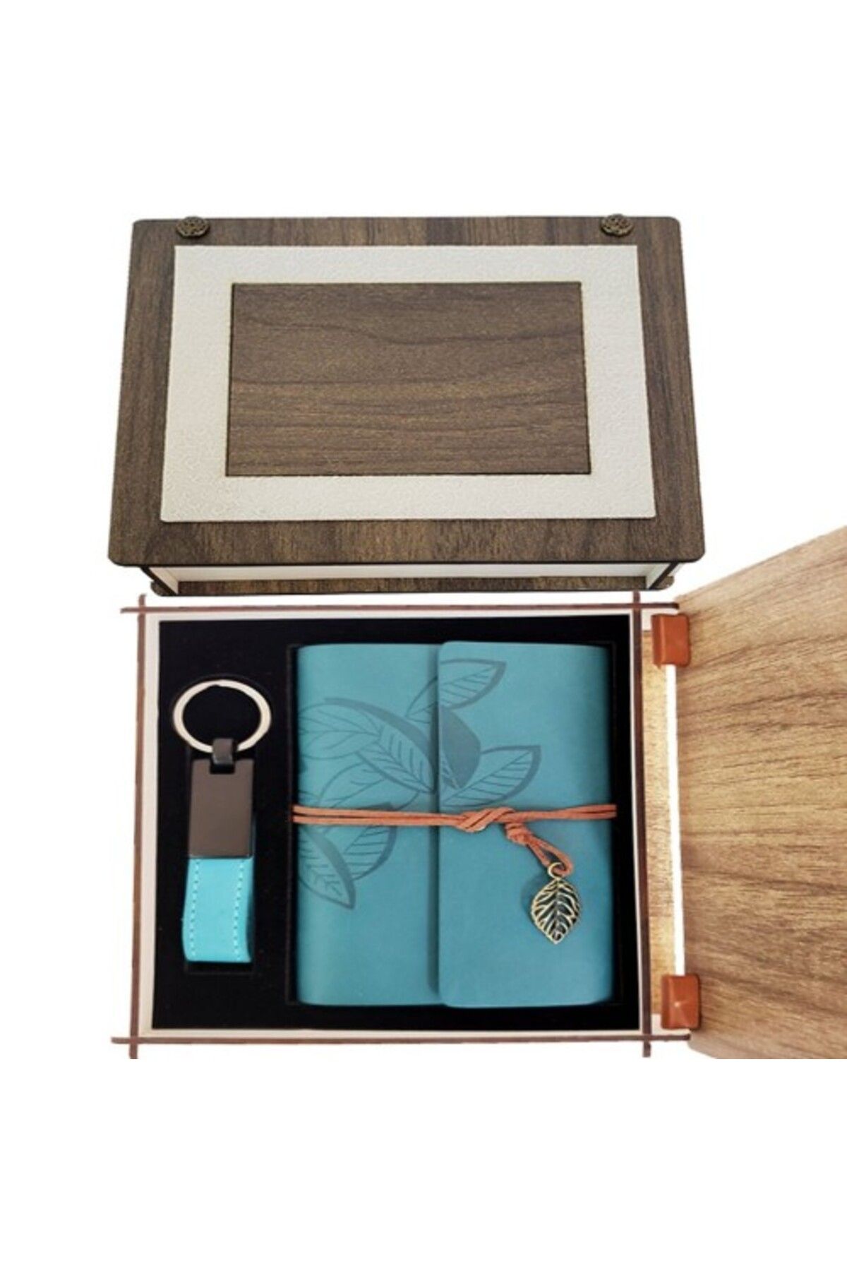 BellevieStore Özel Ahşap Kutulu Mavi Deri Defter ve Anahtarlık Seti