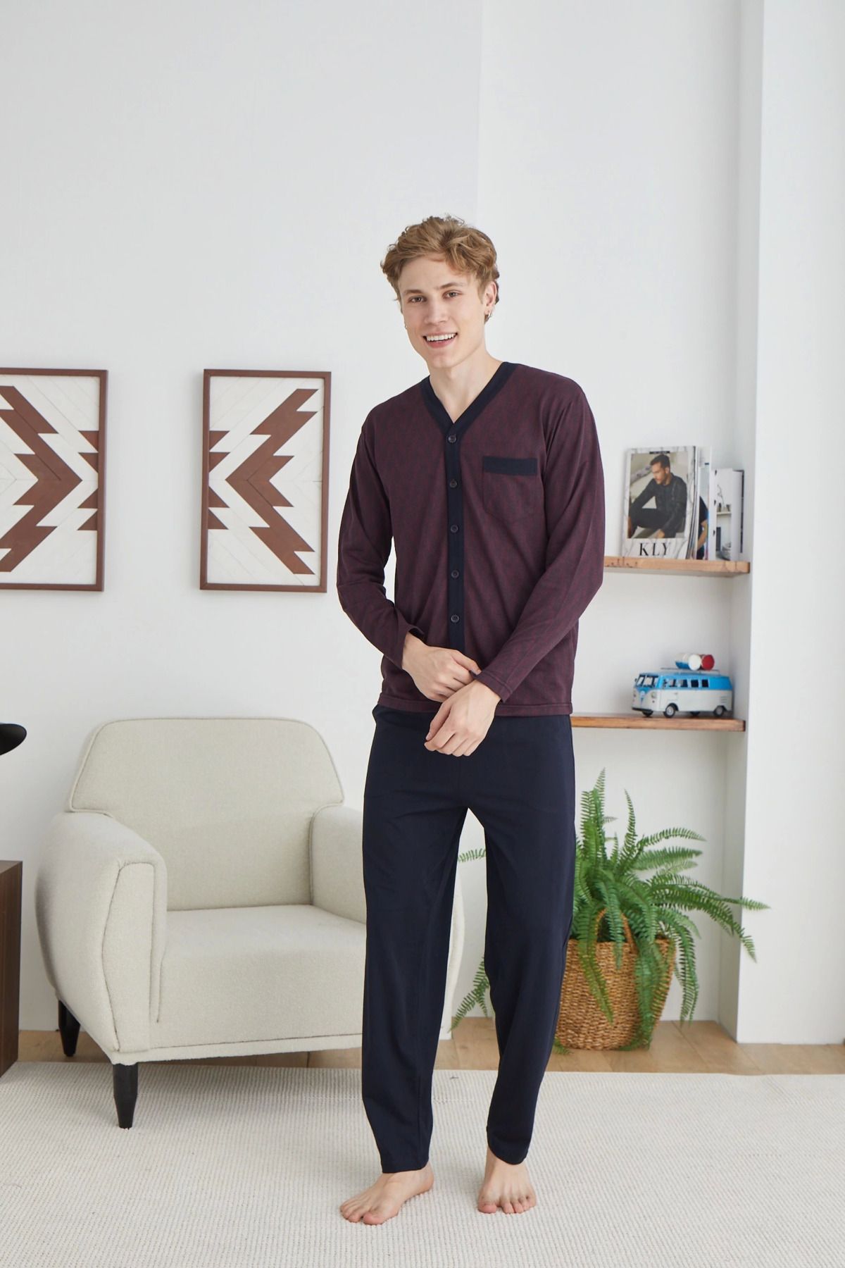 Moda Şahsenem Erkek 9252 Erkek V Yaka Boydan Düğmeli Pijama Takımı
