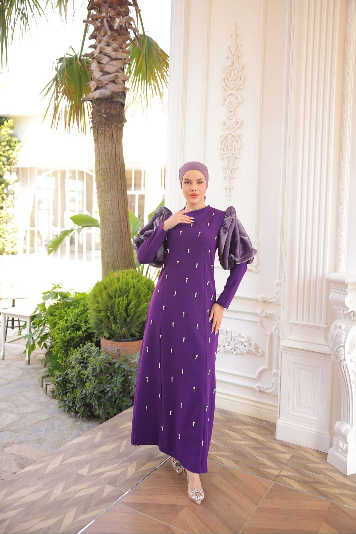 İSM BUTİK-Balloon Sleeve Dress with Pearls on the Front 3