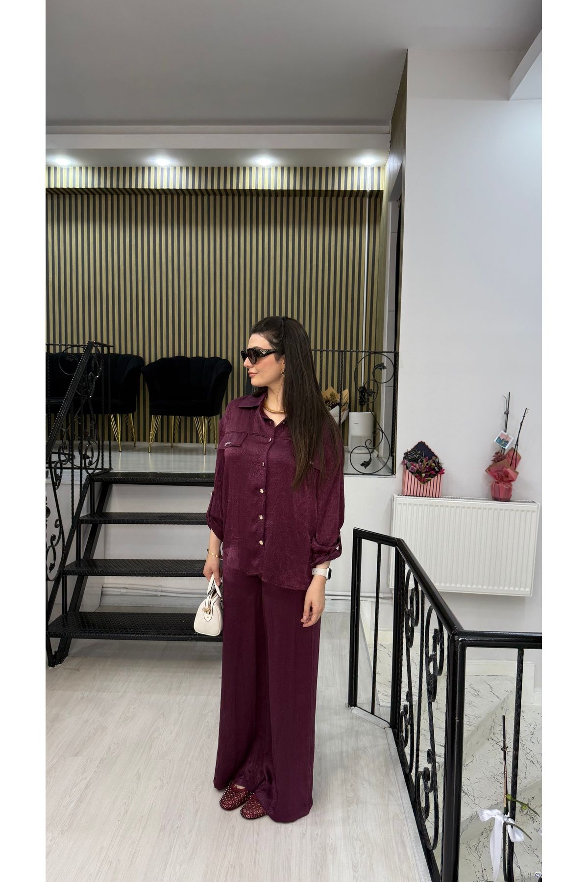 Butik Bordo saten taşlı gömlek beli lastikli pantolon ikili takım