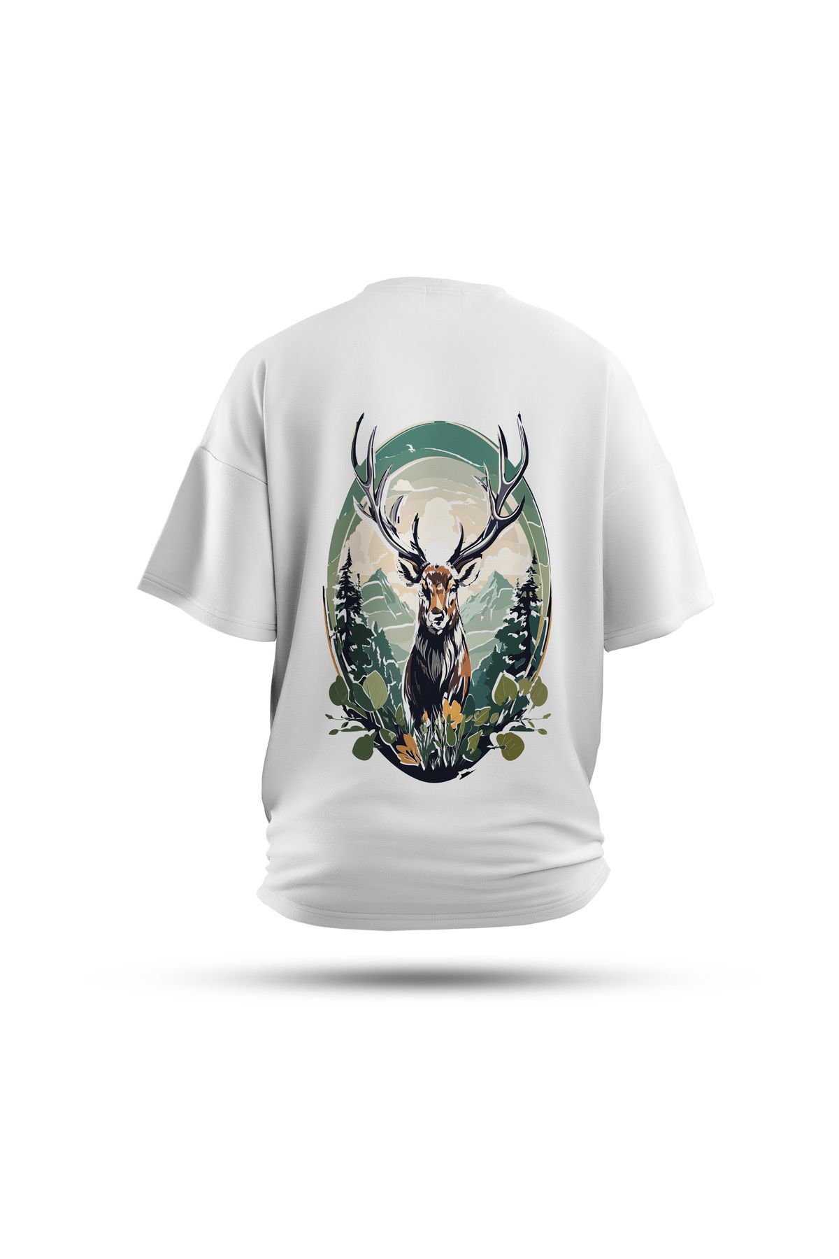 Zestia Unisex T-Shirt, Animals Geyik Sırt Baskılı, Regular, %100 Pamuk, Beyaz T-Shirt No: 020