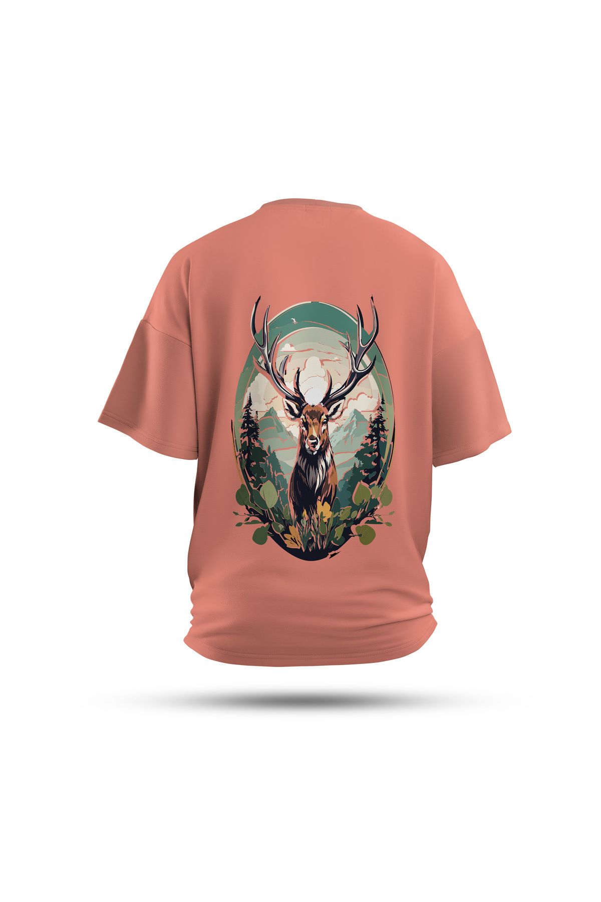 Zestia Unisex T-Shirt, Animals Geyik Sırt Baskılı, Regular, %100 Pamuk, Somon T-Shirt No: 020