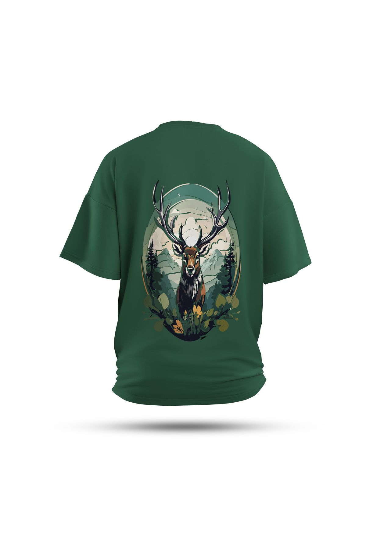 Zestia Unisex T-Shirt, Animals Geyik Sırt Baskılı, Regular, %100 Pamuk, Yeşil T-Shirt No: 020