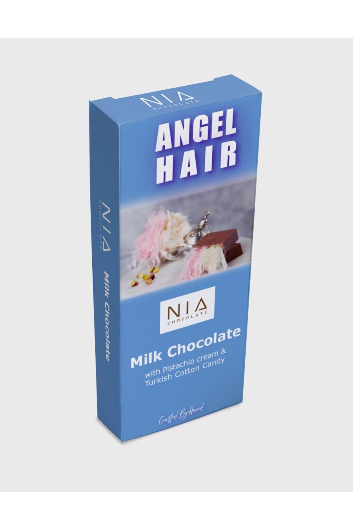 NIA Chocolate Antep Fıstığı Kreması ve Pişmaniye dolgulu Sütlü Çikolata. Angel Hair 85 g