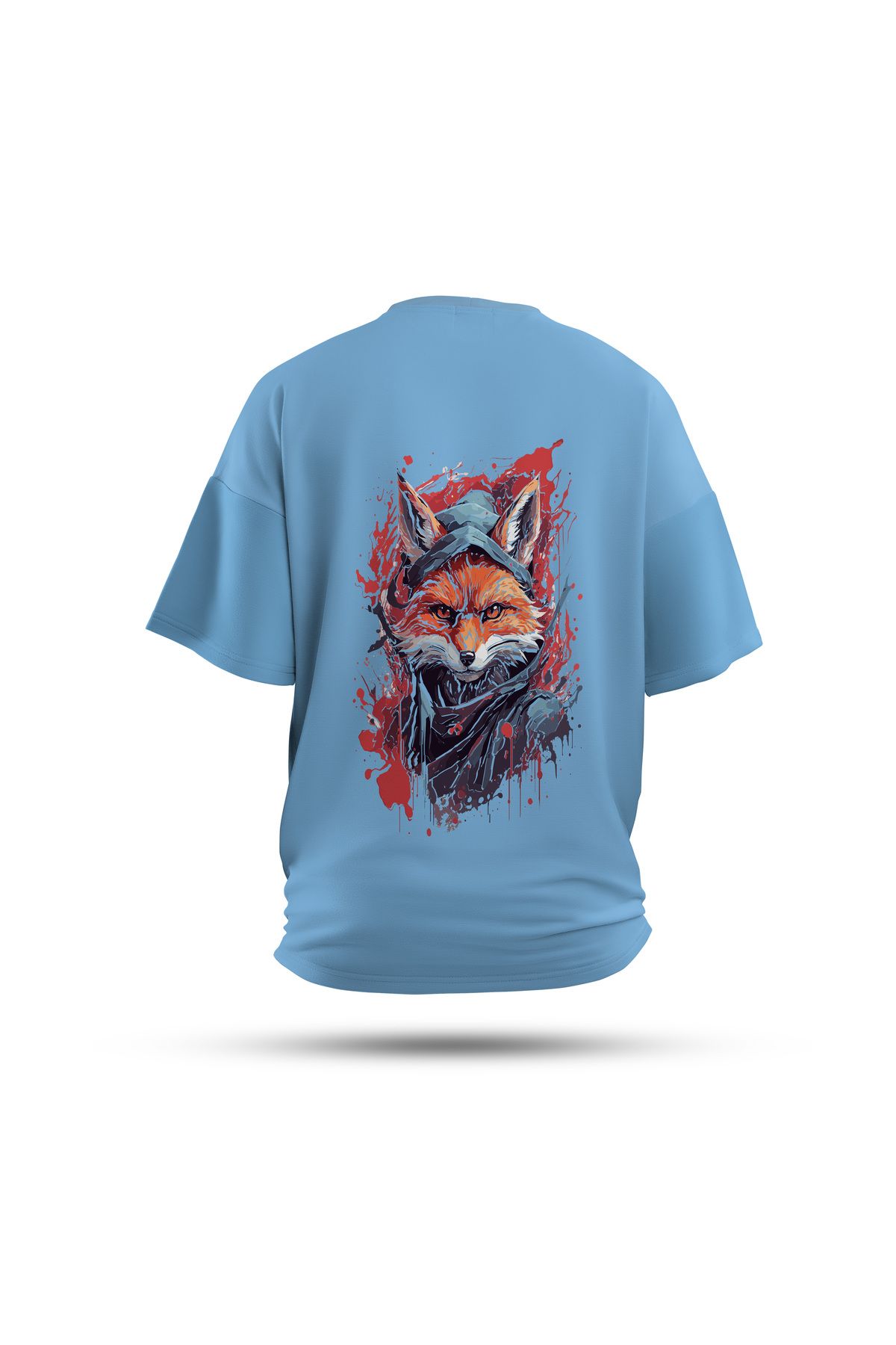 Zestia Unisex T-Shirt, Animals Beyfendi Tilki Sırt Baskılı, Regular, %100 Pamuk, Mavi T-Shirt No: 011