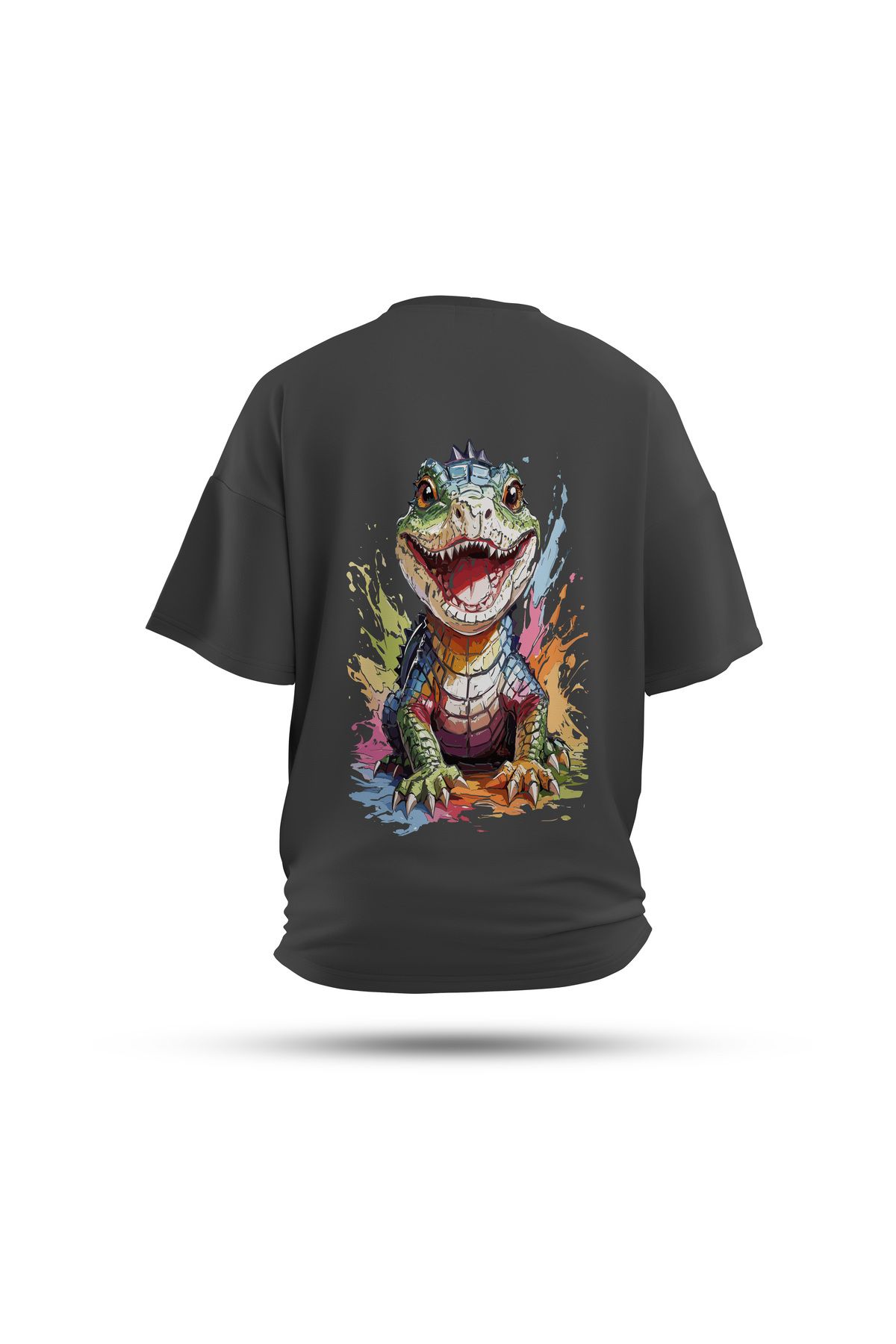 Zestia Unisex T-Shirt, Animals Timsah Sırt Baskılı, Regular, %100 Pamuk, Antrasit T-Shirt No: 015