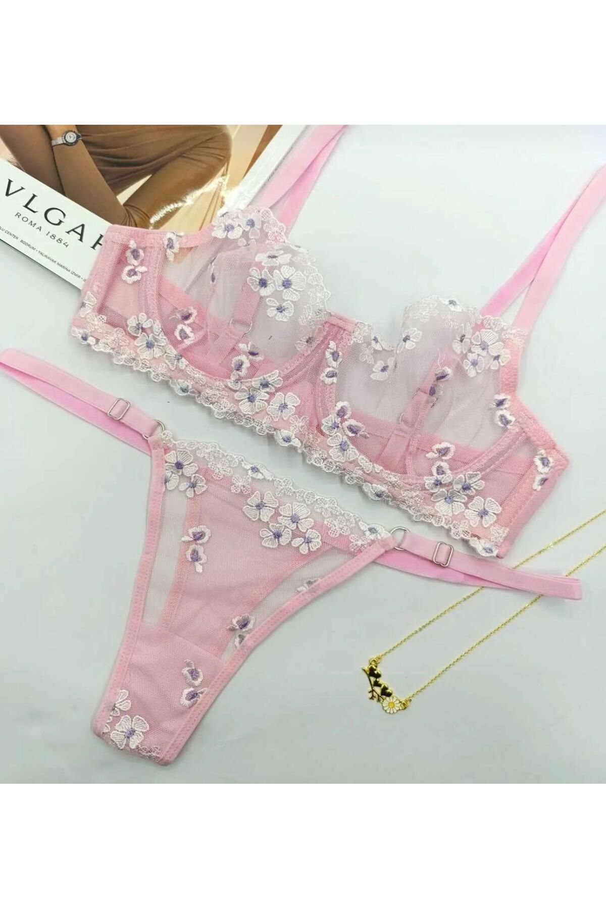 HAMA LOVE Kadın Pembe Çiçekli Dantel İşlemeli İç Çamaşır Takımı