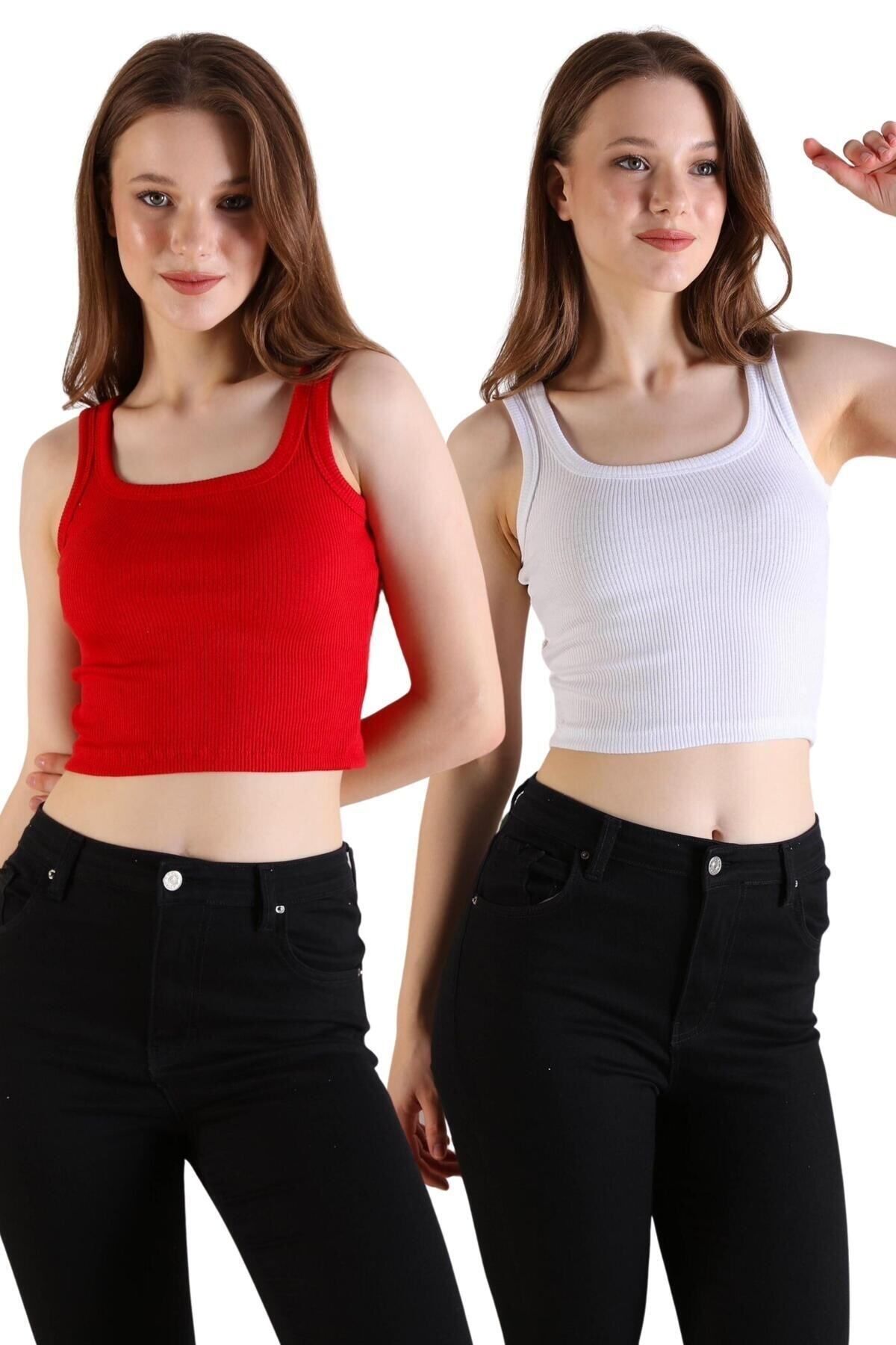segrock Kadın U Yaka Kaşkorse Kırmızı Beyaz 2'Li Crop Fitilli