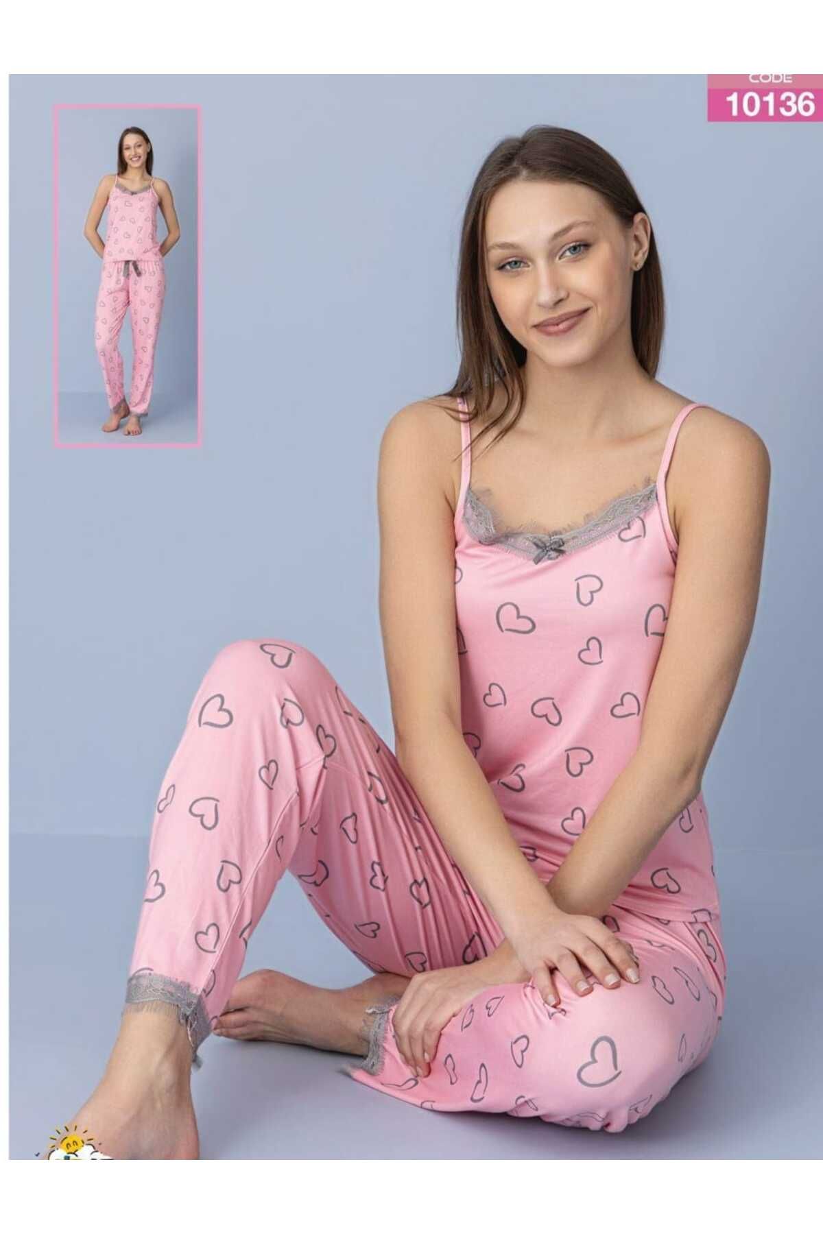 Azra Kadın Pembe Kalpli İp Askılı Pijama Takımı