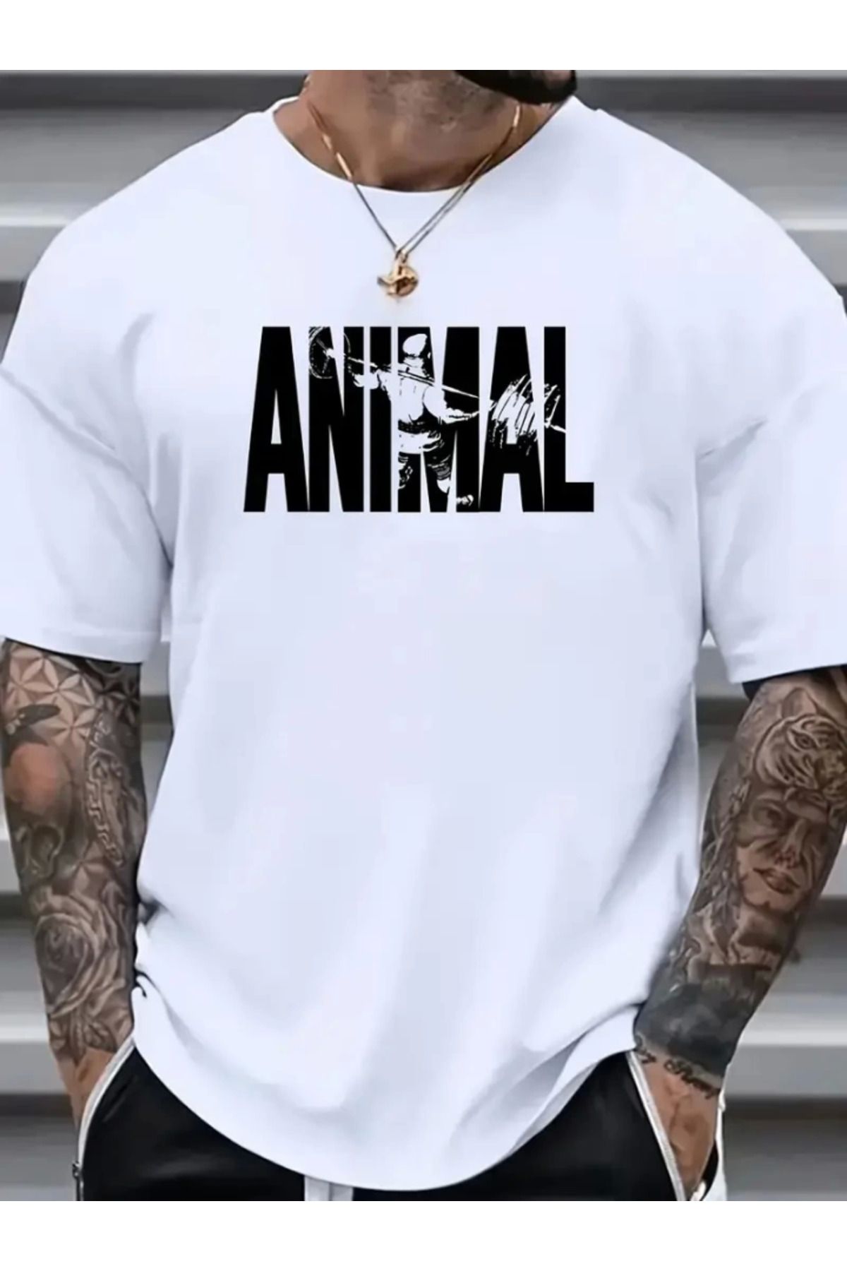 Eserden Baskılı Oversize Bisiklet Yaka T-shirt - Beyaz