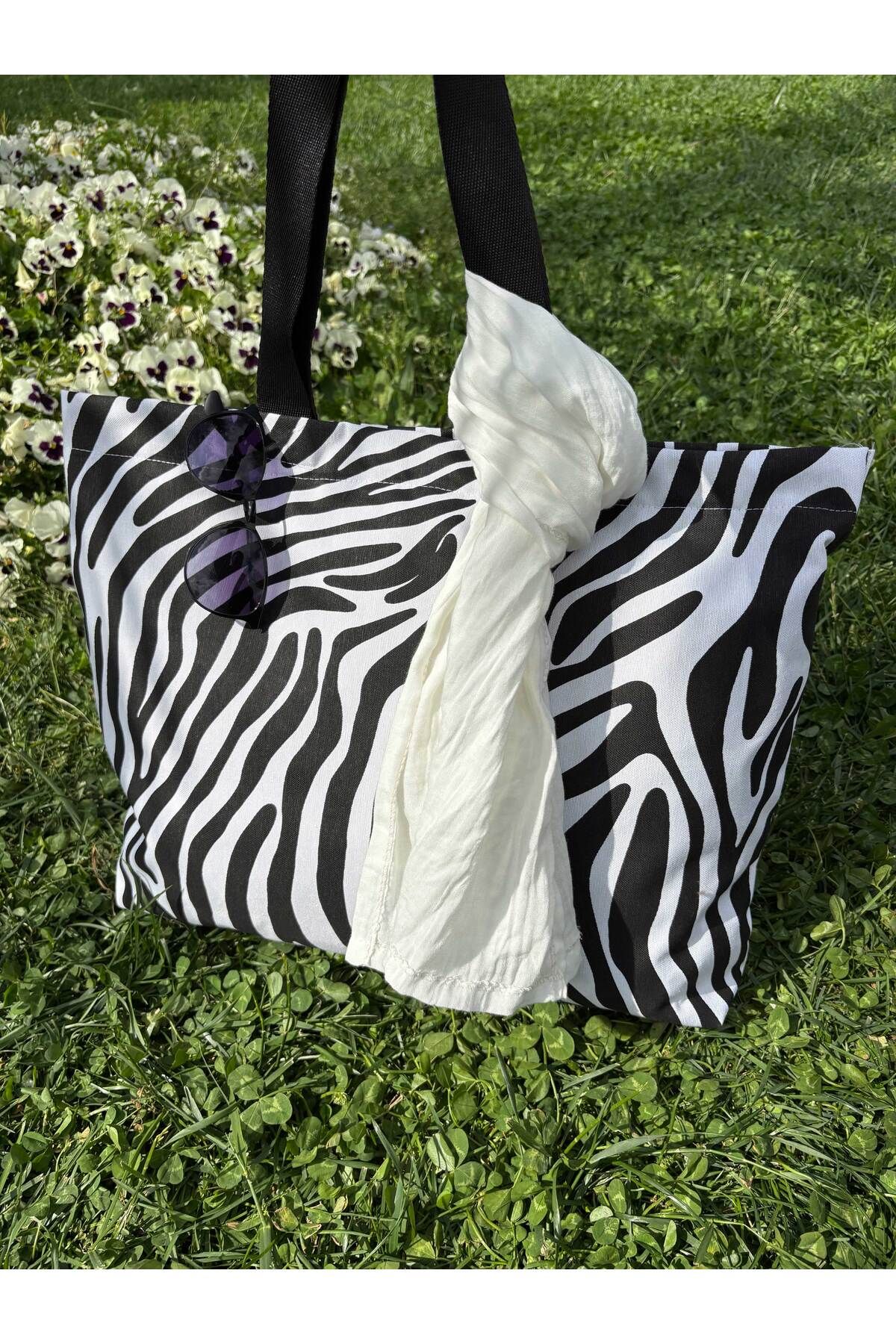 HALFART Zebra Desenli Su Geçirmez Duck Keten Plaj Çantası | 45x55 cm Büyük Boy | Fermuarlı, Astarlı, Cepli