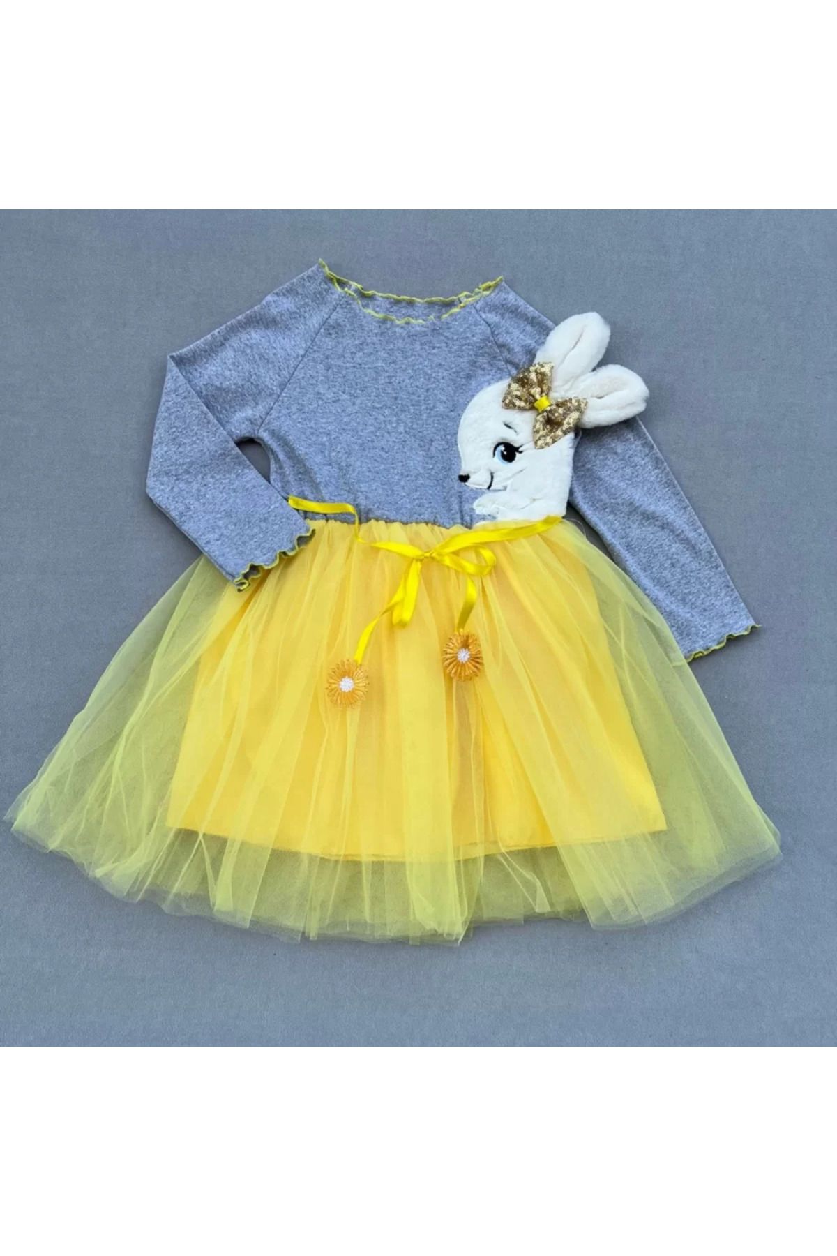 onlinebutik Pelüş Tavşan Desenli Kurdela Kuşaklı Astarlı Kız Çocuk Tütü Elbise Sarı