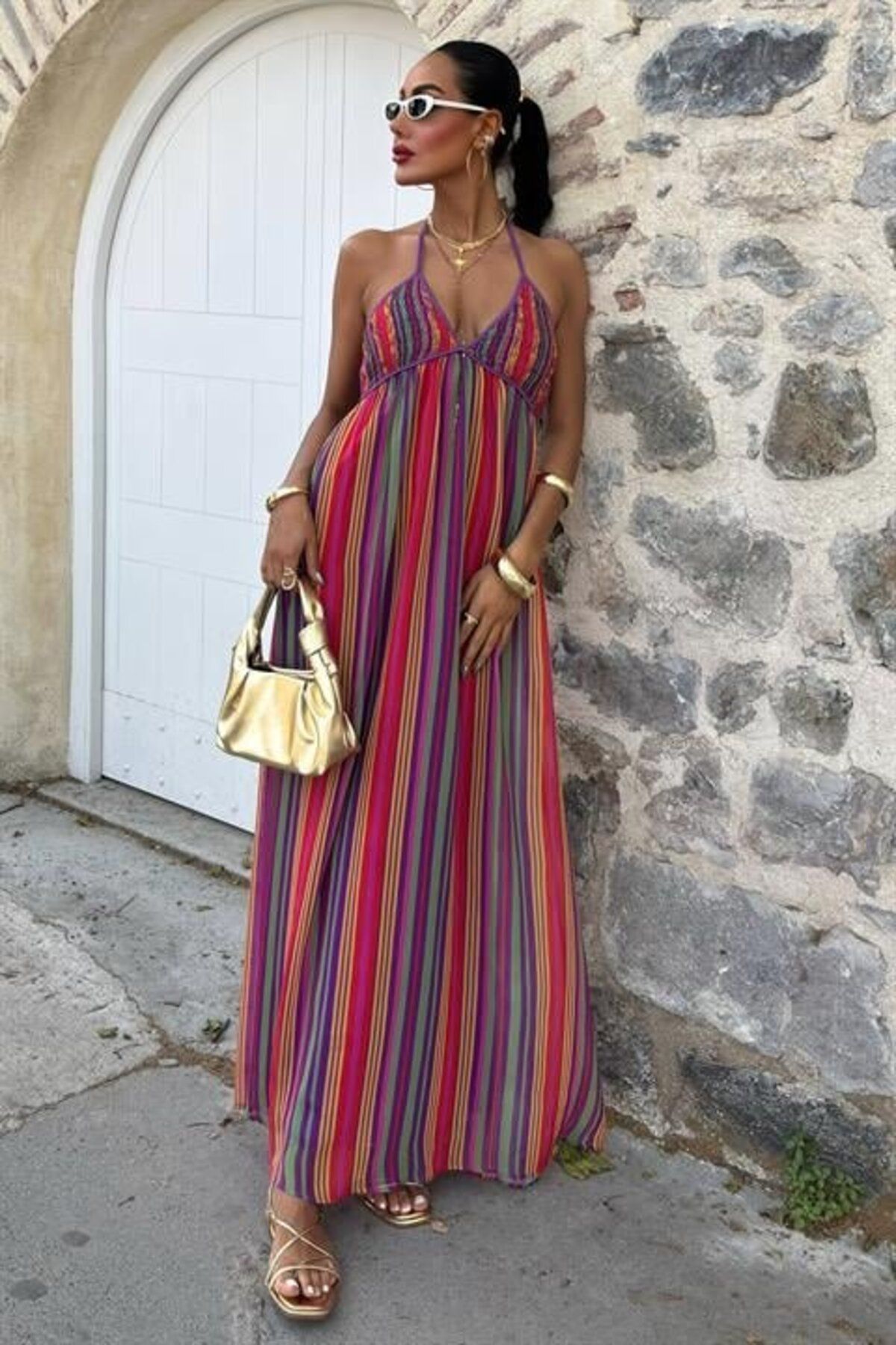 velmorafashion Askılı Pile Detaylı Renkli Maxi Elbise 2748